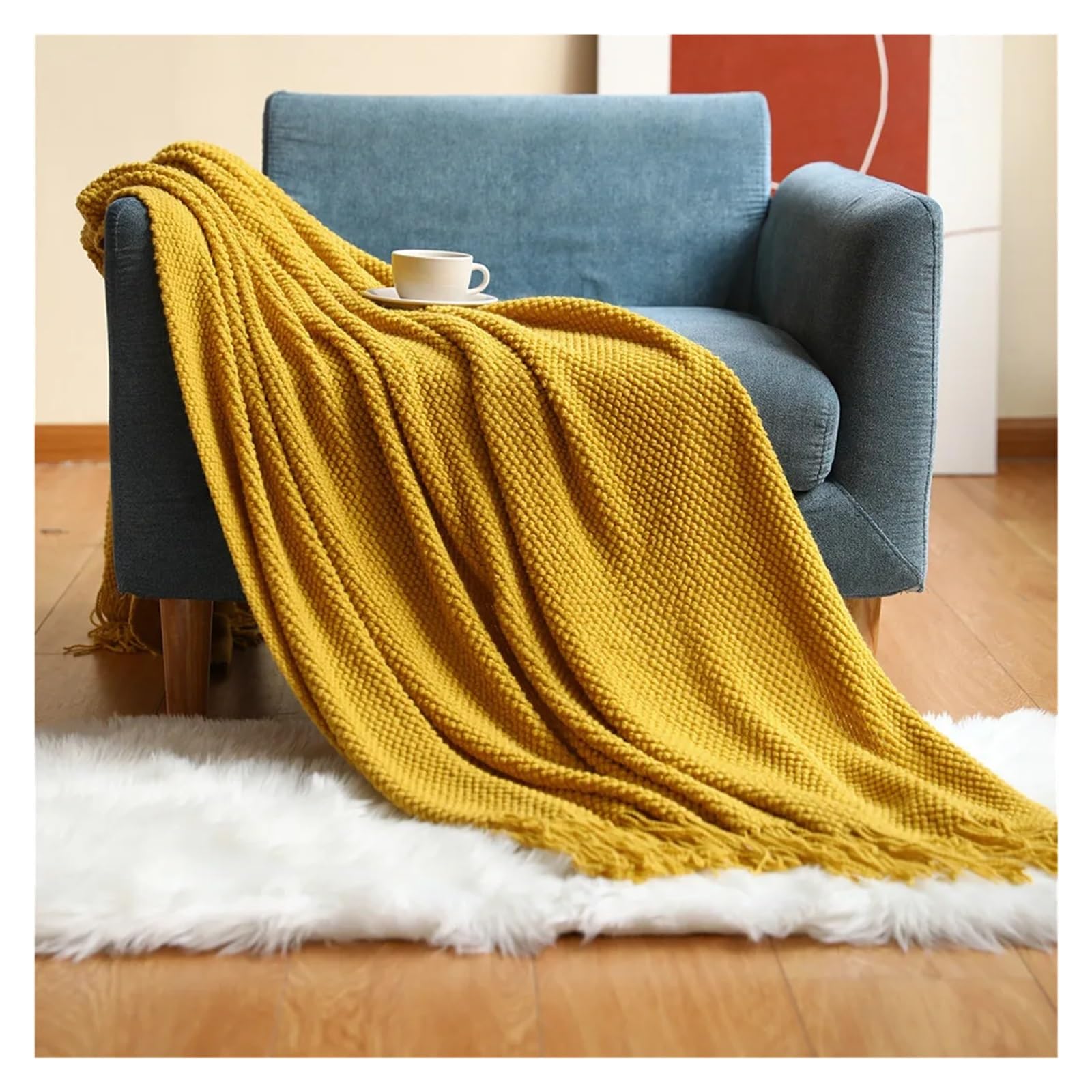 GCYEIDMA Throw Blanket Corn Grain Embossed Knitted Blanket Home Decorative Thickened Winter Warm Tassels Throw Bedspread 130x240cm(Color4)