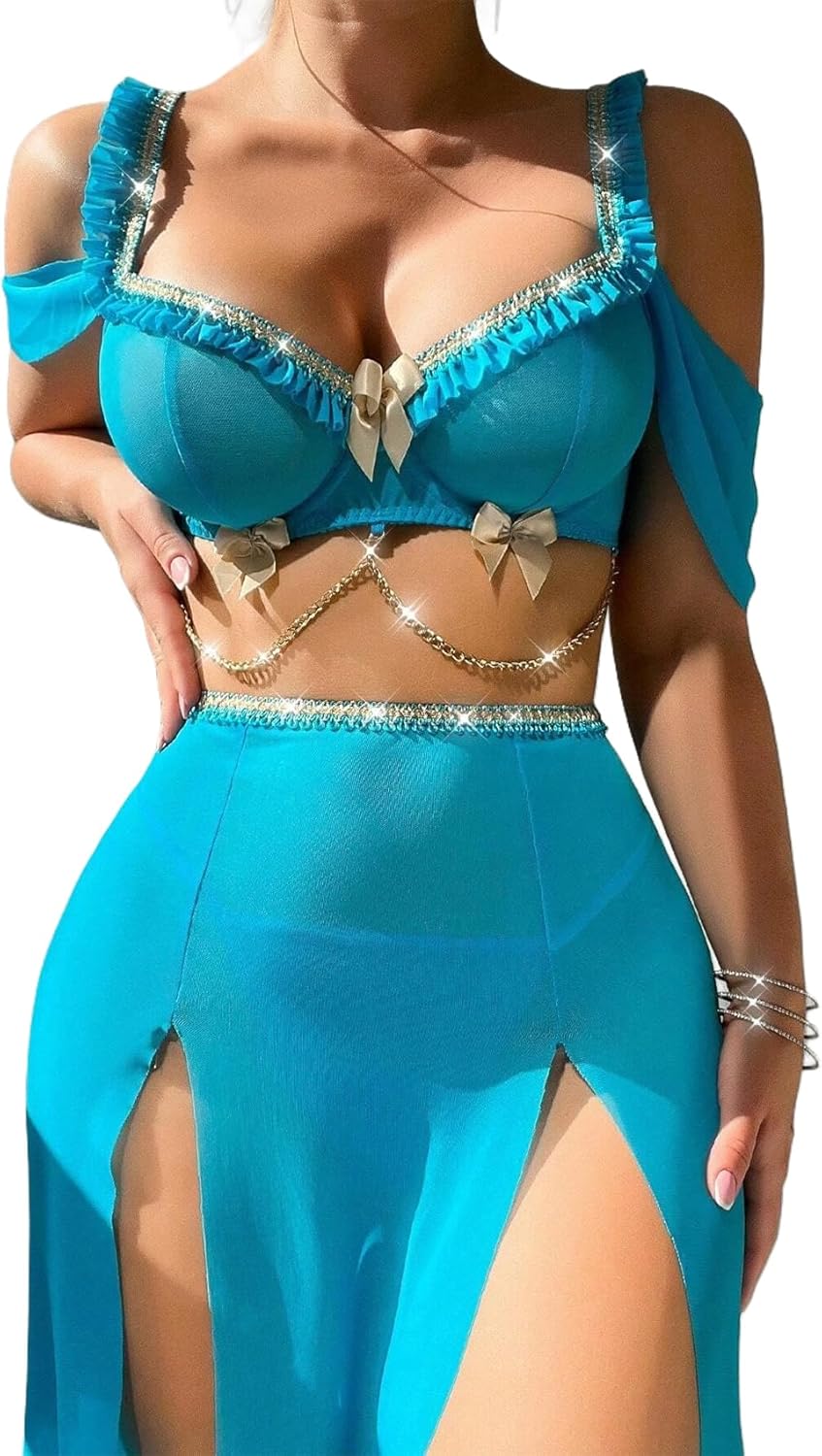 JasmyGirls Halloween Princess Costume for Women Adult Blue Two Piece Sheer Bra Mesh Maxi Dress