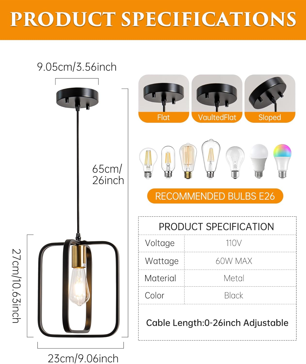 KSRYSZCQ Black Pendant Lights Kitchen Island 26-Inch High 1-Pack Farmhouse Pendant Lights Metal Adjustable Rope for Kitchen Island, Dining Room, Entryway, Foyer