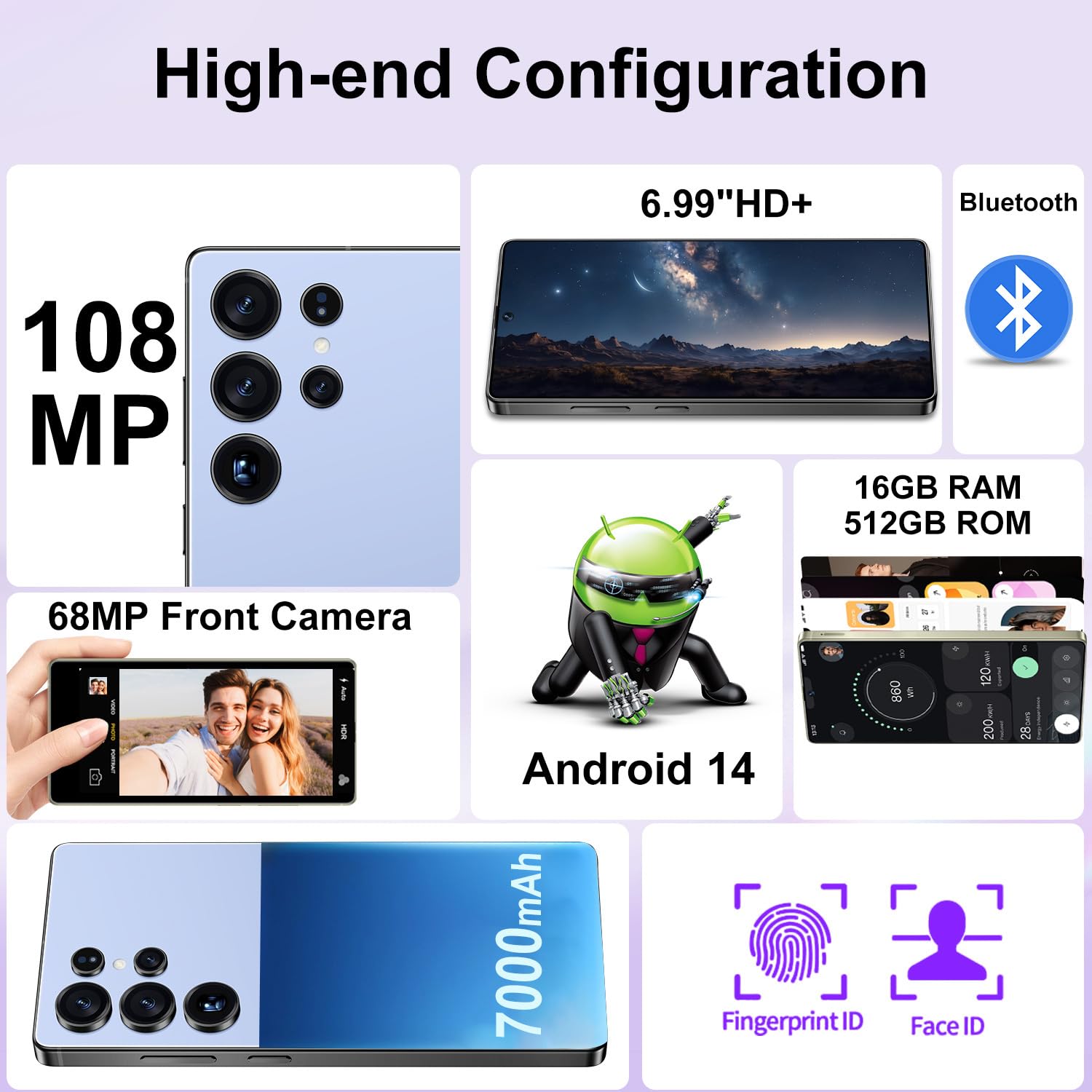 I25 Ultra 5G Unlocked Phones, Built in Pen, 7000mAh Long Battery Life Smartphone, 6.99" HD Screen Unlocked Cell Phone, 16+512GB Phone Android14, Face ID/Fingerprint Lock/Dual SIM/GPS (Blue)