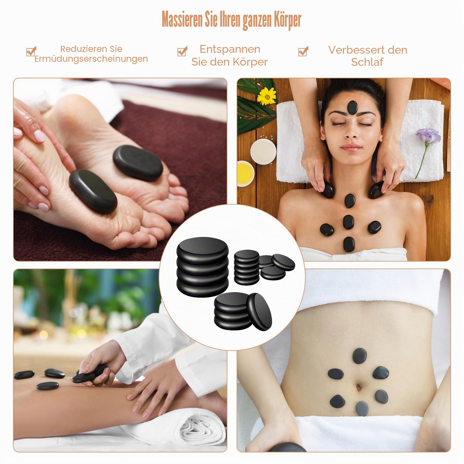 16 Steine Hot Stone Massage Set, Hot Stone Wärmegerät | Mit Heizkasten aus Aluminiumlegierung, Heiße Massagesteine aus Basalt, Hot-Stone-Massageset, Für ntspannung, Spa