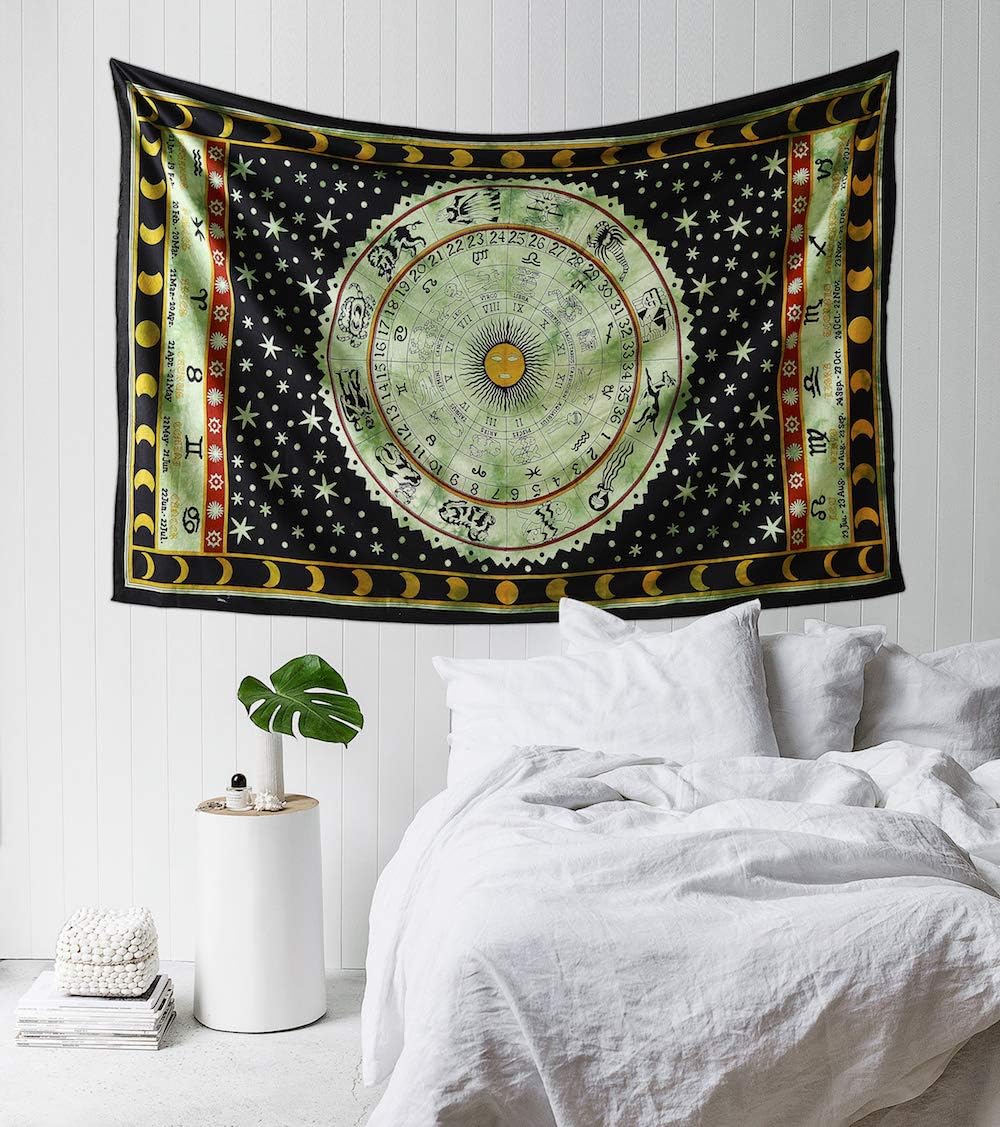 Madhu International Zodiac Mandala Tapestry Hippie Wall Hanging Astrology Tapestry Indian Handmade Tapestries Celtic Horoscope Tapestry Wall hanging (Green, Twin(54x82Inches)(140x210cms))