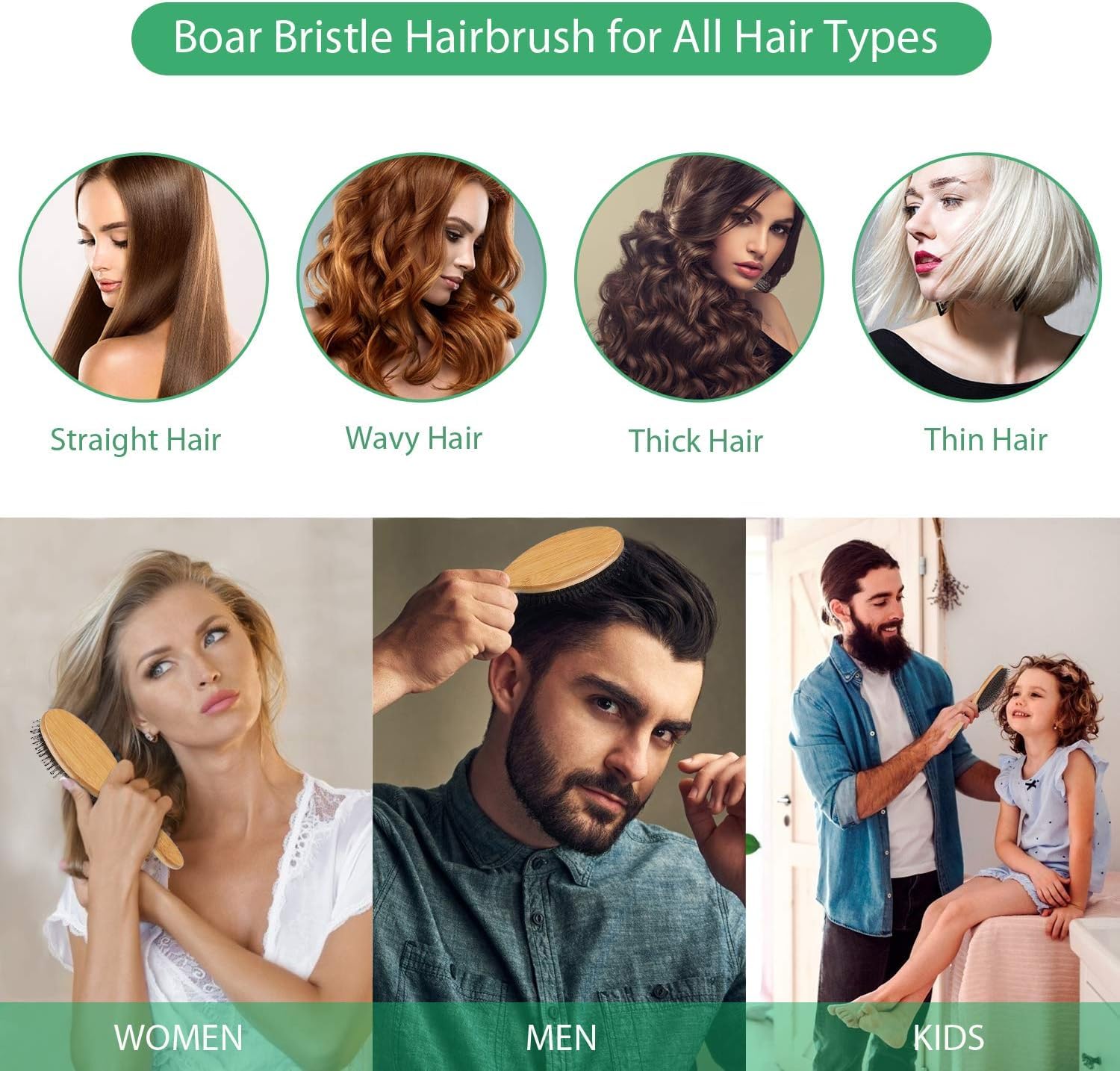 Vista Spazzola Setole Cinghiale Naturale con Manico in Bambù Spazzola per Capelli Professionale e Pettine Capelli a Coda di Metallo per Capelli di Spessore Normale o Medio