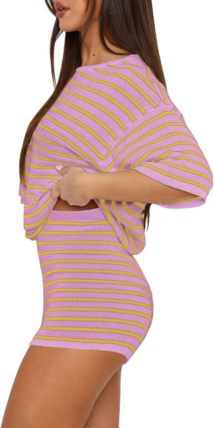 Yousify 2 Piece Sweater Set for Womens Summer Short Sleeve Tops Striped Matching Shorts Lounge Sets S-2XL - Image 3