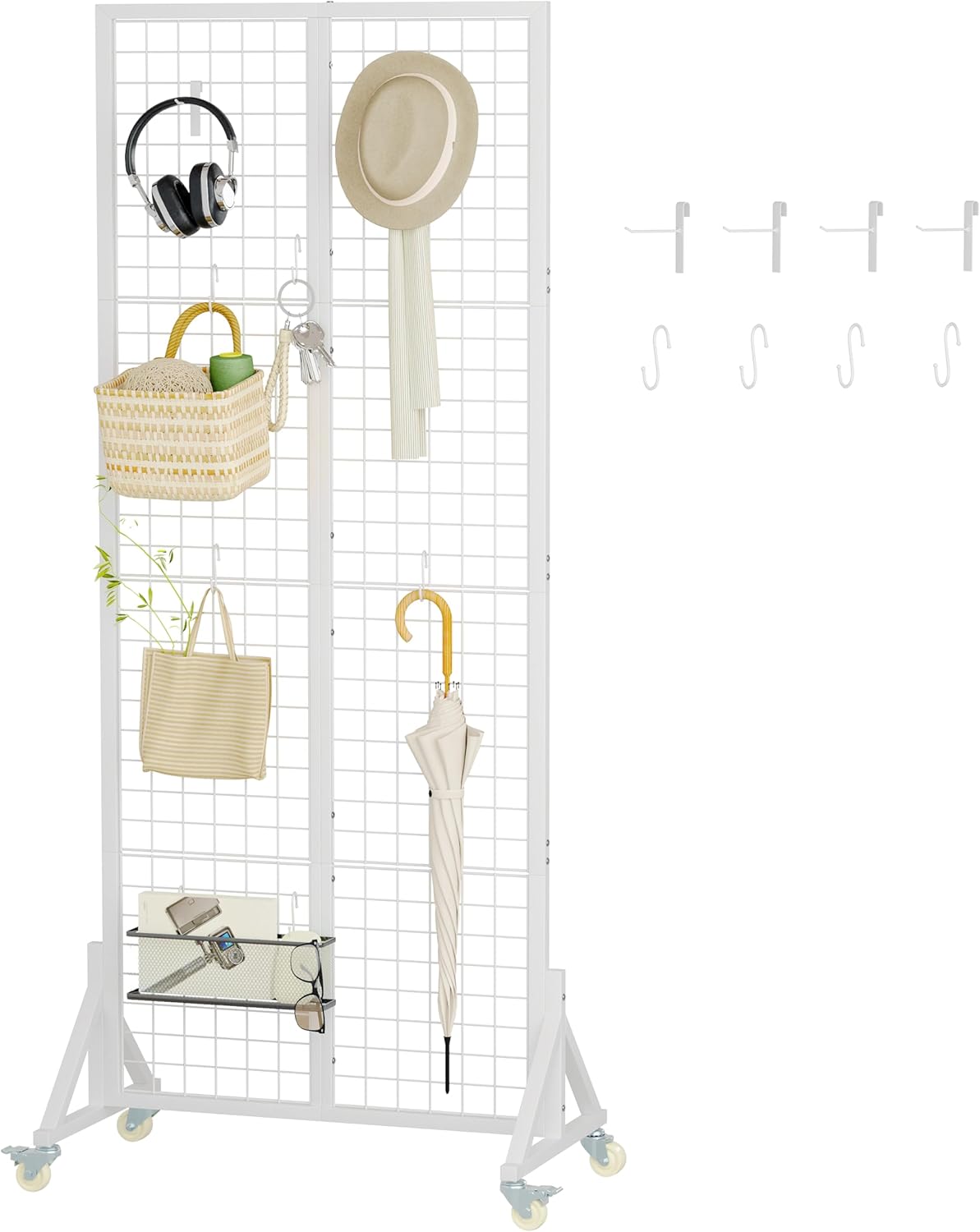 Rolling Gridwall Display Stand, 64.2" H x 23.6" W Wire Mesh Rack with Wheels, Metal Display Grid for Art Shows, Craft Fairs, Retail Boutique & Home Storage, White