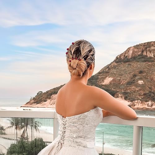 Miniatura 6 de 20 horquillas para el pelo con perlas de boda, pasadores en forma de U, accesorios para novias, damas de honor, mujeres (rojo)