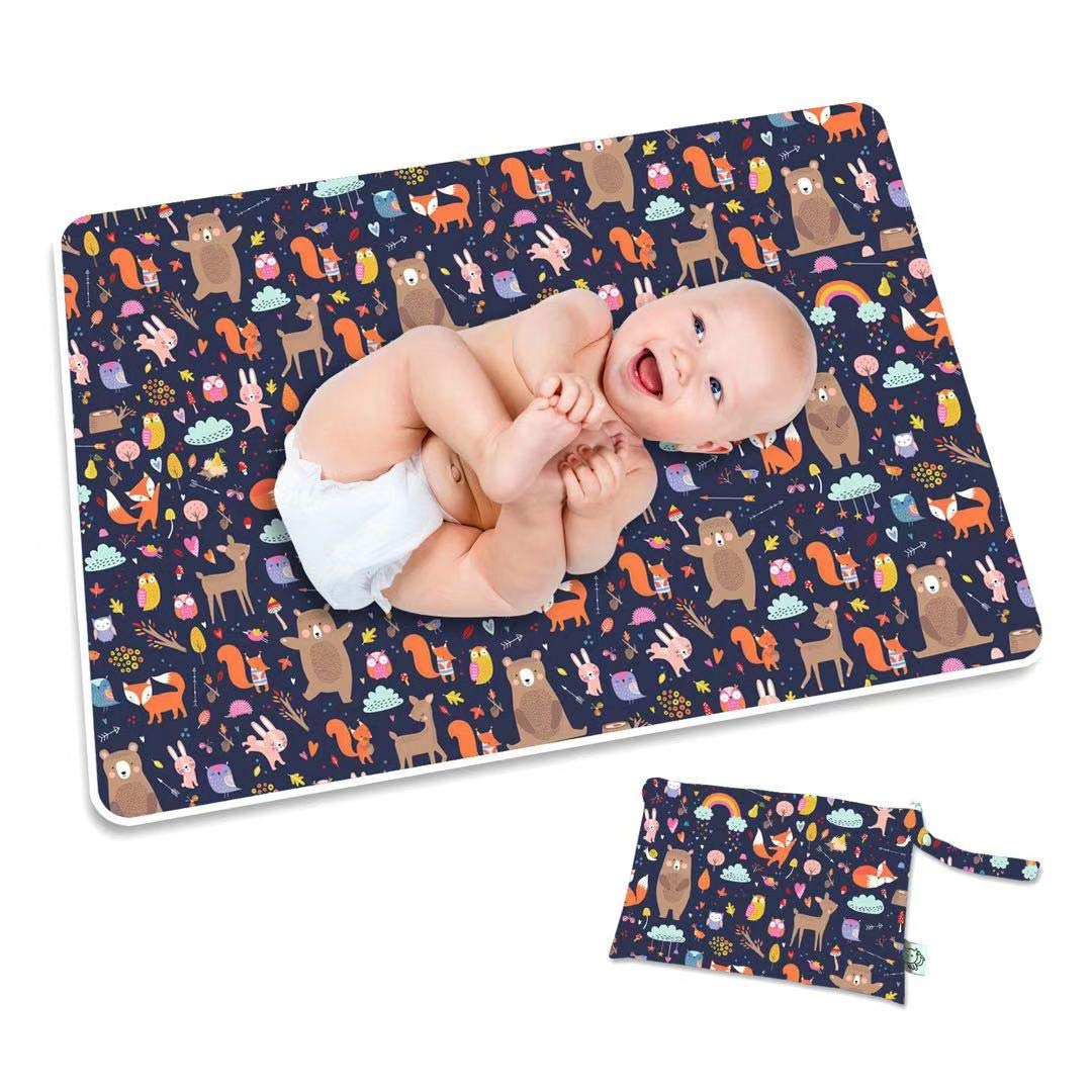 Flockthree Waterproof Baby Changing Pad with Storage Bag (28.7" X 19.7") Washable Wipeable Reusable Leak Proof Diaper Travel Mat Station Changing Mattress Liner Cribs Bed Cover, Animals