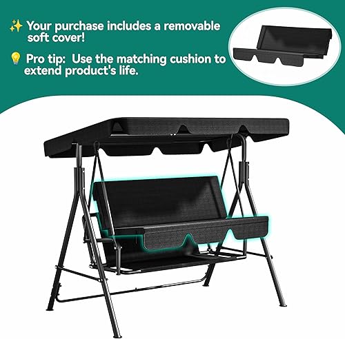 Miniatura 10 de YITAHOME Columpio de porche para 3 personas, silla de columpio resistente para patio al aire libre con toldo ajustable, marco de acero resistente a