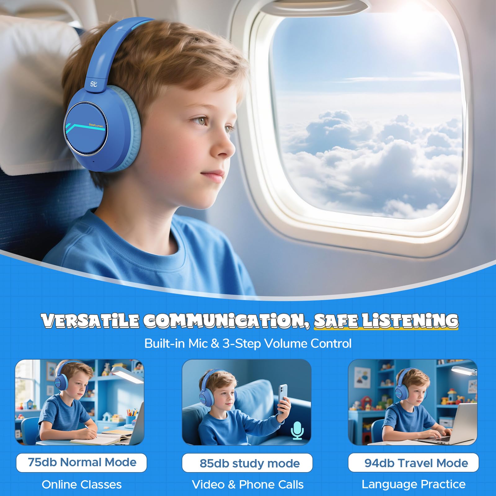 Steellumen Nova1Pro Kinder Kabellose Kopfhörer mit aktiver Geräuschunterdrückung, Bluetooth 5.4, 40H Spielzeit, Lautstärke begrenzt 75/85/94dB, Typ-C Schnellladung, Mikrofon, Faltbar für Schule/Reisen
