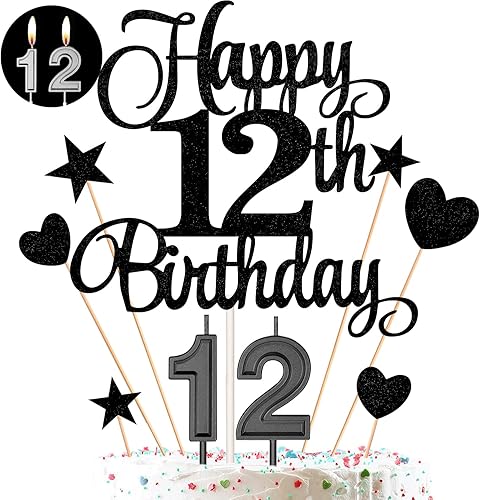 Miniatura 1 de El juego de decoraciones para tartas de cumpleaños de 12 años incluye velas de cumpleaños número 12 velas y adornos para pasteles de feliz