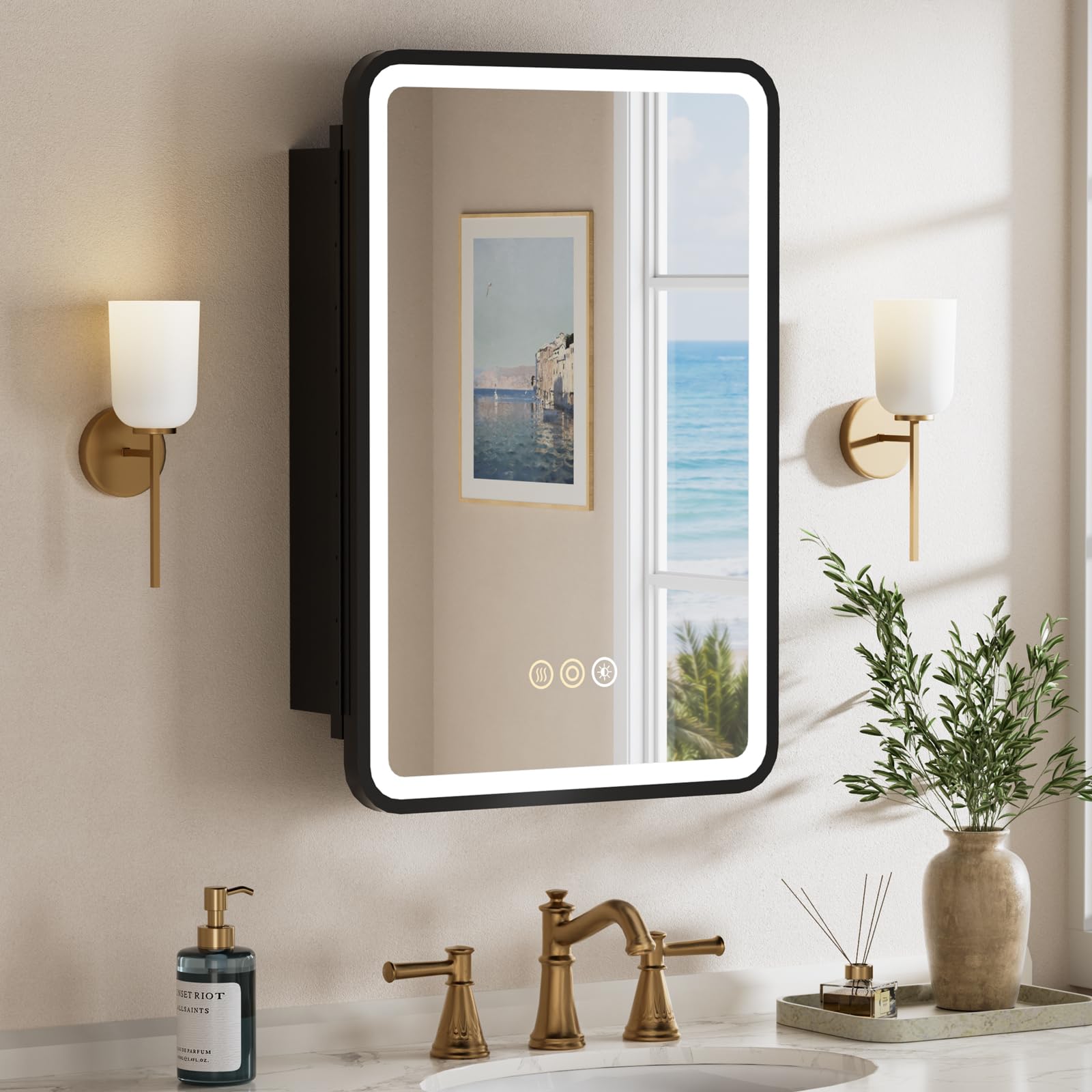 Photo 1 of 16x24 Inch Medicine Cabinet with Mirror, Recessed or Surface Mount Bathroom Medicine Cabinet with LED Lights, Anti-Fog, Memory Function, Adjustable Shelf, Dimmable Light, ETL Listed, Black,Left Hinge