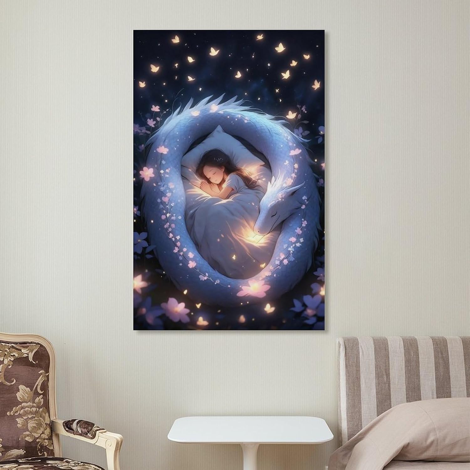 Spiritual Guardian Canvas Print, Sleeping in Magic Flower Field Meditation Wall Art Unframe-style-2 24x36inch(60x90cm)