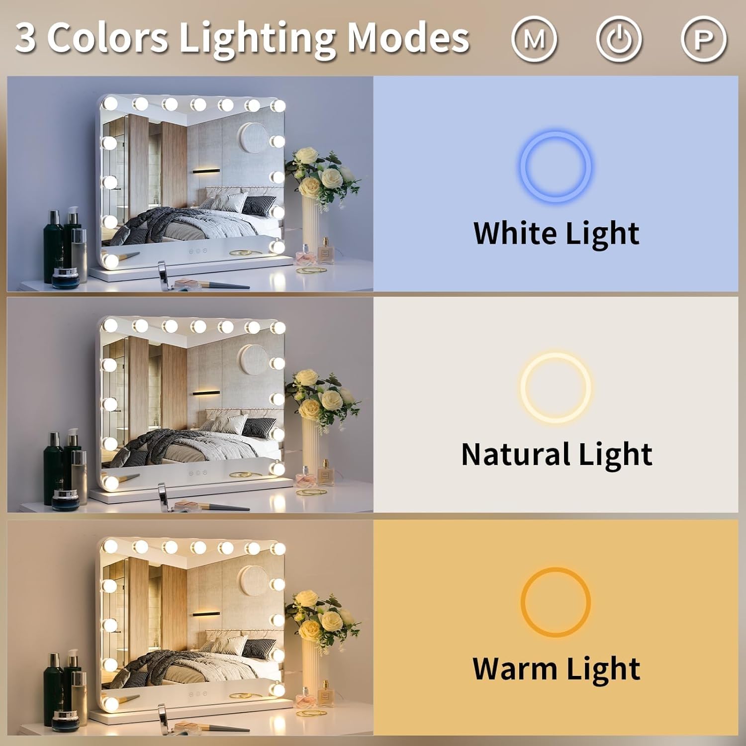 MAMIZO Hollywood Spiegel 58x46 cm, Schminkspiegel mit Beleuchtung, 15 LED, 3 Lichtfarben, Enstellbare Helligkeit, mit USB und 10x Lupe, Spiegel mit Licht, Wandspiegel, Schminkspiegel für Make-Up