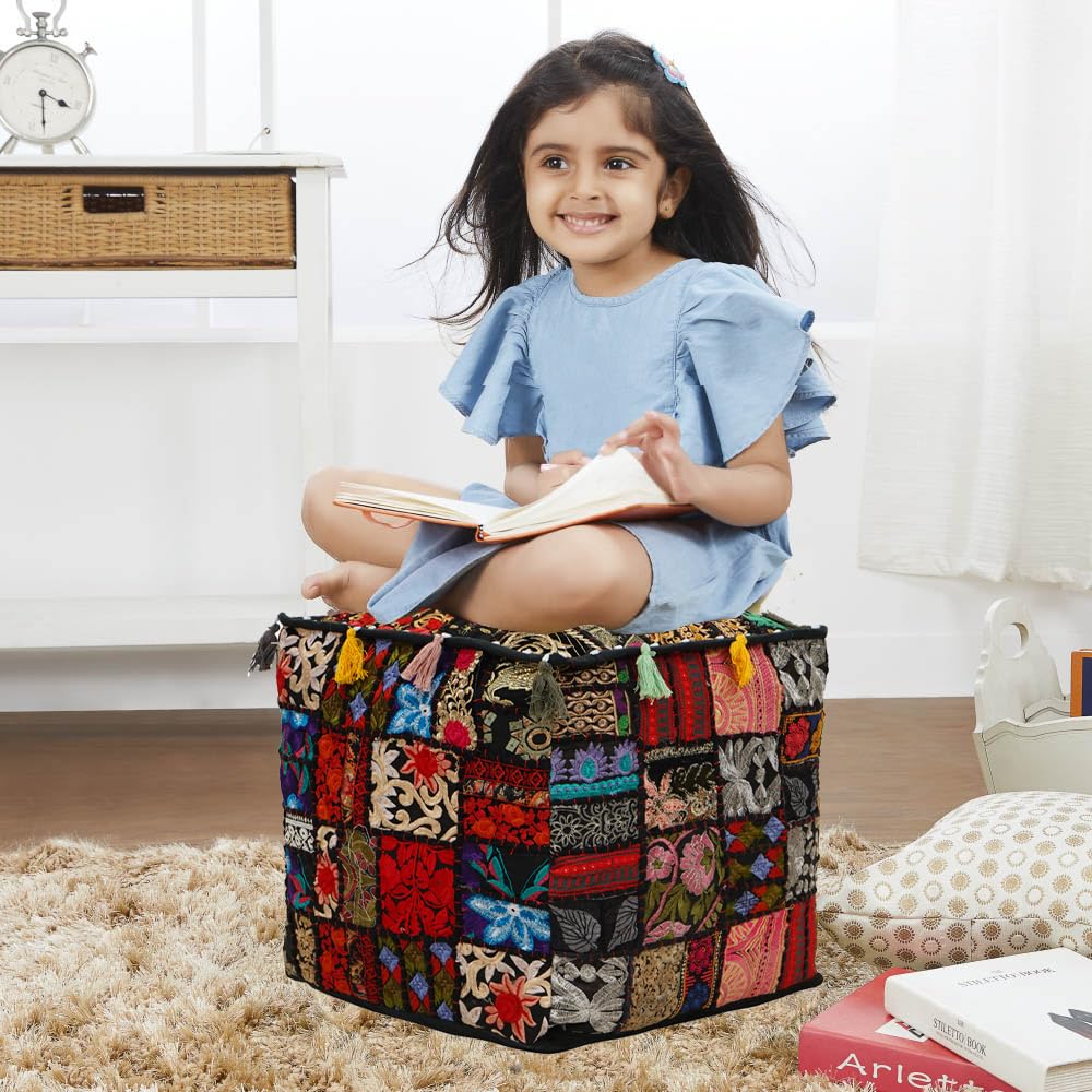 Housse pouf patchwork ethnique carré rangement repose-pieds