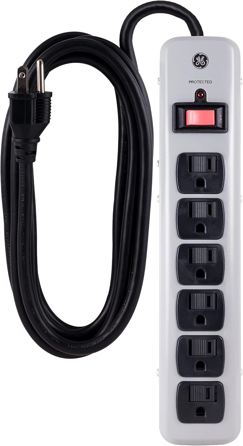 GE 6 Outlet Surge Protector, 3 Prong Power Strip, 8 Ft Extension Cord, Slide-to-Close Safety Outlet Covers, Heavy Duty, LED Protected Indicator Light, Warranty, UL Listed, Grey, 14021 Gray