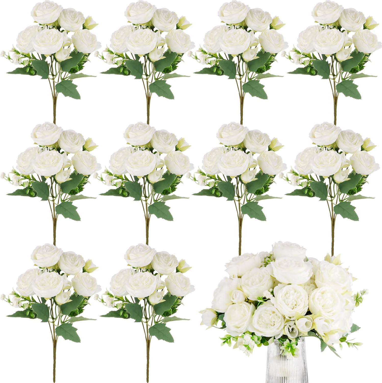 Olgaa 12 Bundles Peonies Artificial Flowers Artificial Peonies Silk Flowers Bulk Fake Peony Bouquet for Bridal Shower Decorations Wedding Table Centerpiece (White)