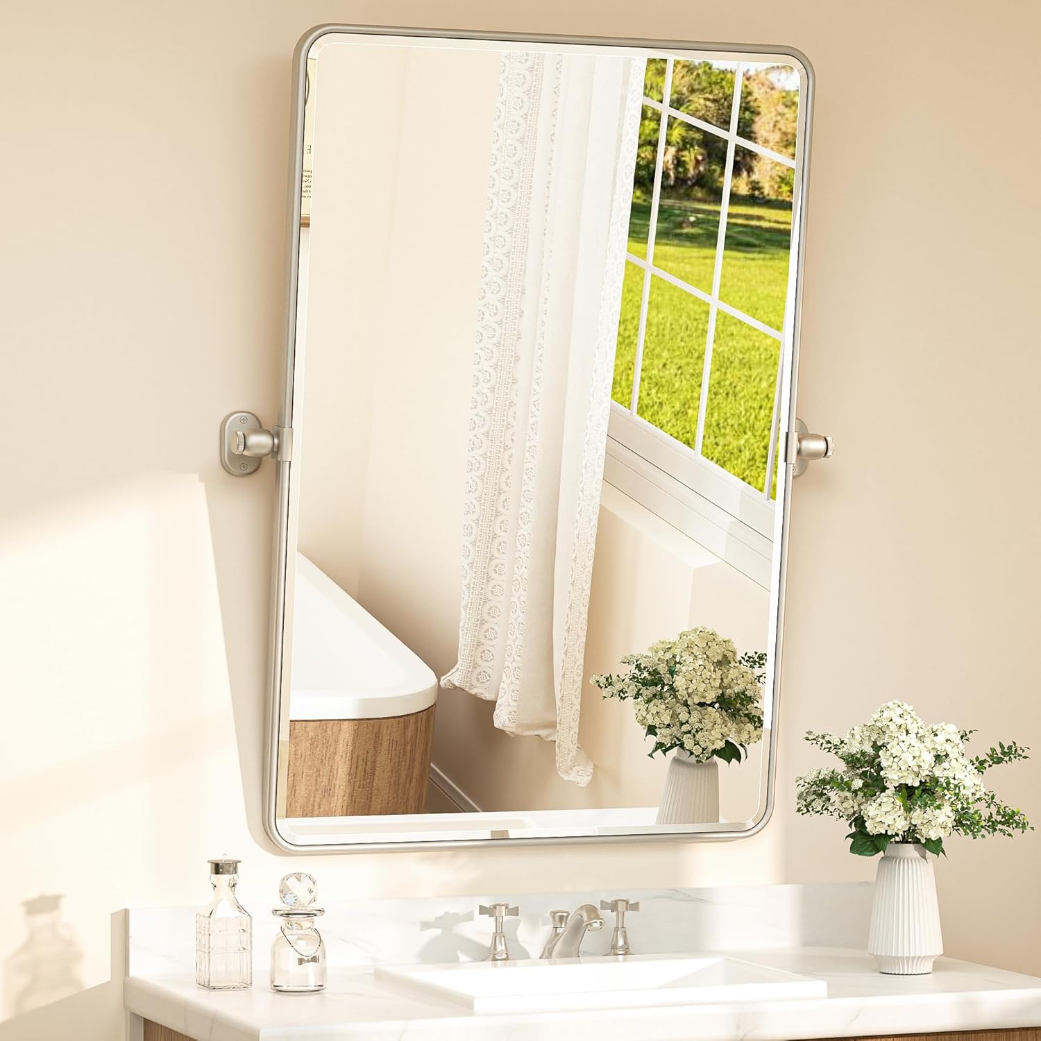 TETOTE Satin Nickel Pivot Rectangle Bathroom Vanity Mirror 24 x 36 Silver Tilt Beveled Mirror, Pivoting Metal Framed Bathroom Wall Mirror for Modern Farmhouse Decor, Horizontal/Vertical 36"L x 24"W Satin Nickel