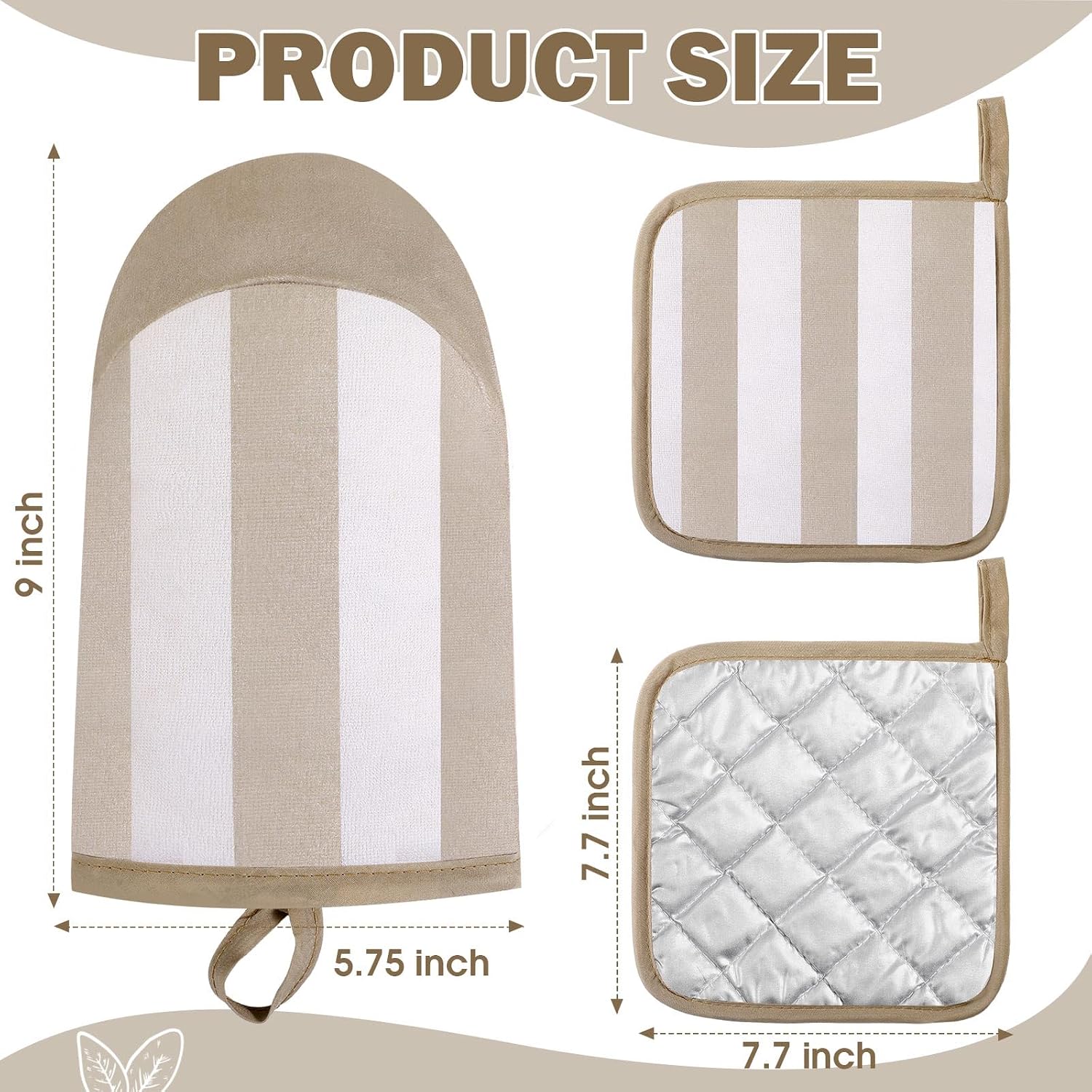Reallnaive 4 Pcs Stripe Oven Mitts and Pot Holders Set, Cotton Oven Mitten Gloves Hot Pads Heat Resistant 500°f for Kitchen, Outdoor Indoor Garden Baking Cooking BBQ Gift Hanging Loop, Beige(Brown)