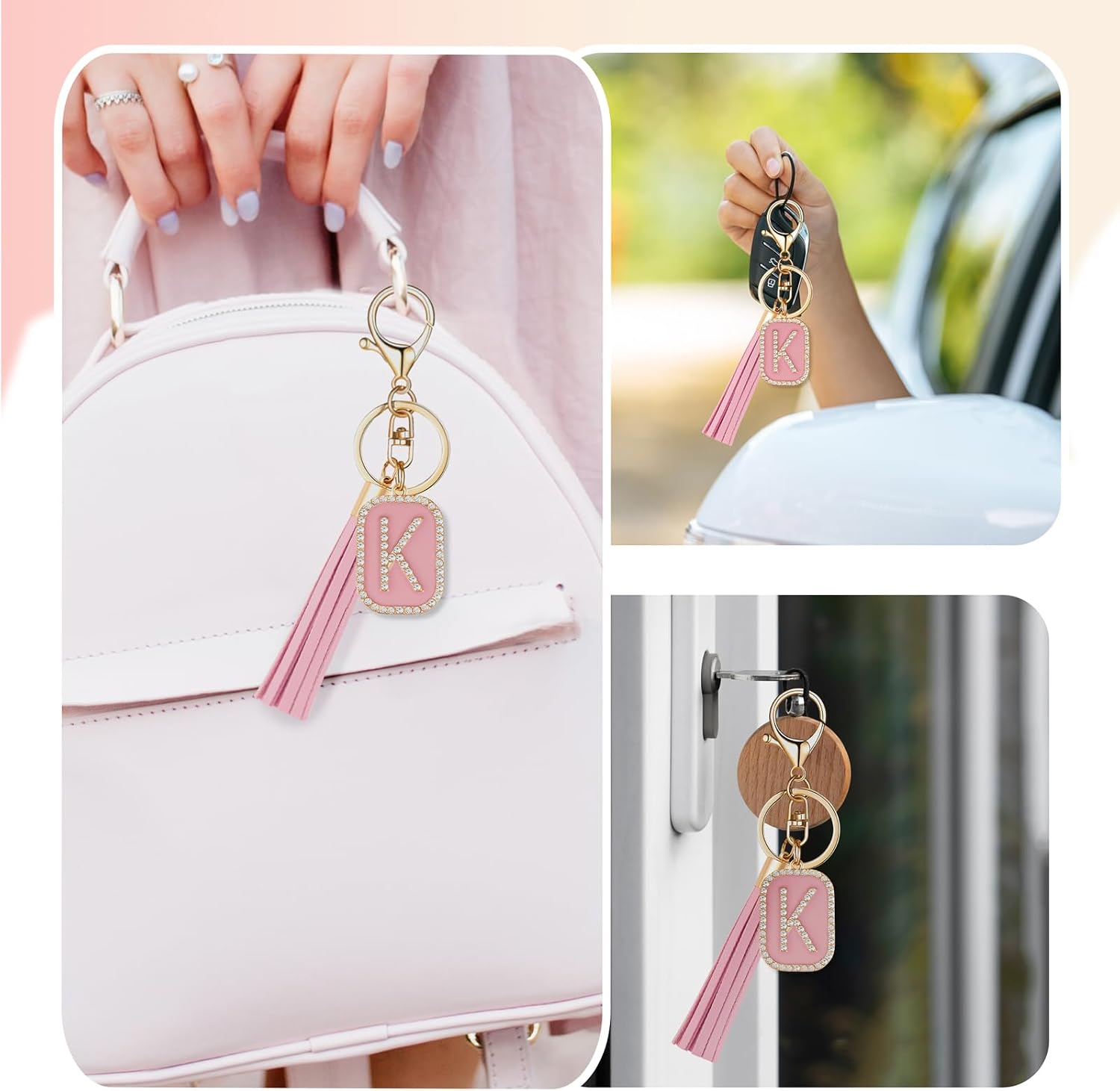 Fashion Cubic Zirconia Crystal Alphabet Initial Letter Keychain Tassel Pendant Key Ring for Purse Handbags Women Girl image 5