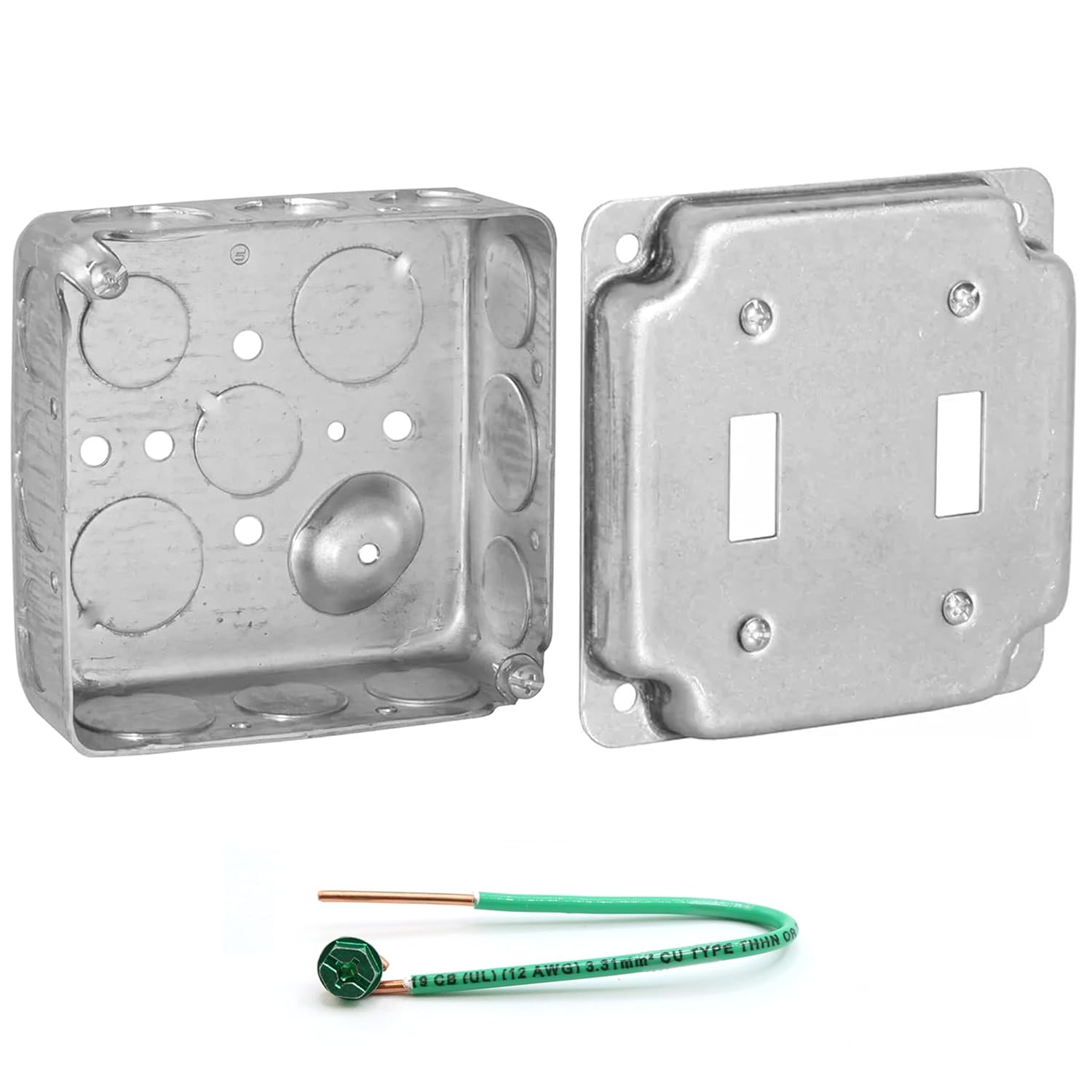 (Pack of Box and Cover) AP-12082, 4" Square Electrical Box, Double Toggle Switch Exposed Work Cover, Crushed Corners, Drawn Construction, Ten 1/4", Six 3/4" Knockouts, 1-1/2" Deep, 2-gang