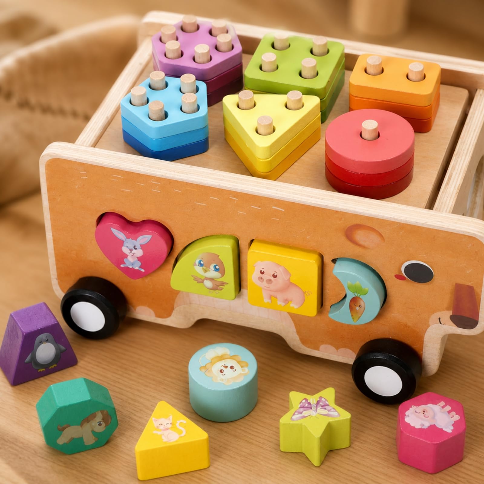 Qianly Carretto Didattico con Forme Geometriche Educativo Carretto con Blocchi di Forme Prescolare Giocattolo di Legno Blocchi Rimovibili per Area Giochi, Lancio Anello