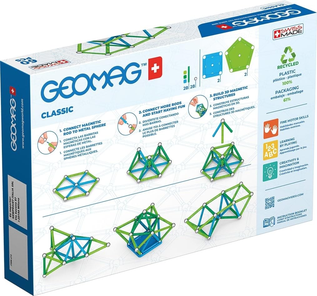 Geomag Color, Juego de Bloques de Construcción Magnéticos para Niños, Juguete Magnético, Colección Verde de Plástico 100% Reciclado, 60 piezas (272) - Amazon Vine
