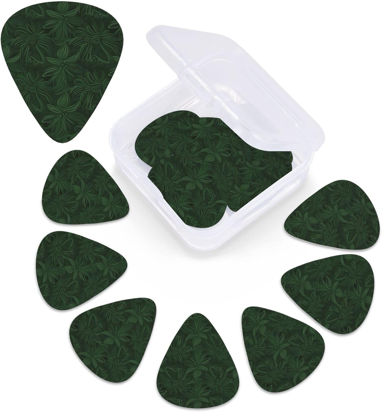 Hunter Green Floral Petals Pattern Print Guitar Picks 12 Pack Guitar Plectrums with Storage Box Bass Picks For Acoustic Guitar Bass Electric Ukulele Includes 0.46mm, 0.71mm, 0.96mm