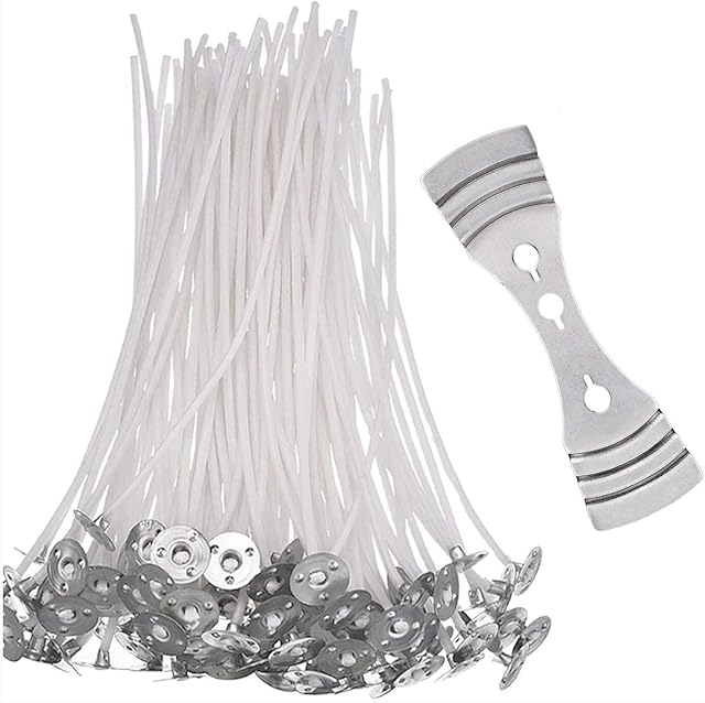 Wendergo 100 Pcs Candle Wicks 10cm Pre Waxed Candle Wicks with 1 Pc Stainless Candle Wicks Holder for Candle Making DIY Crafts