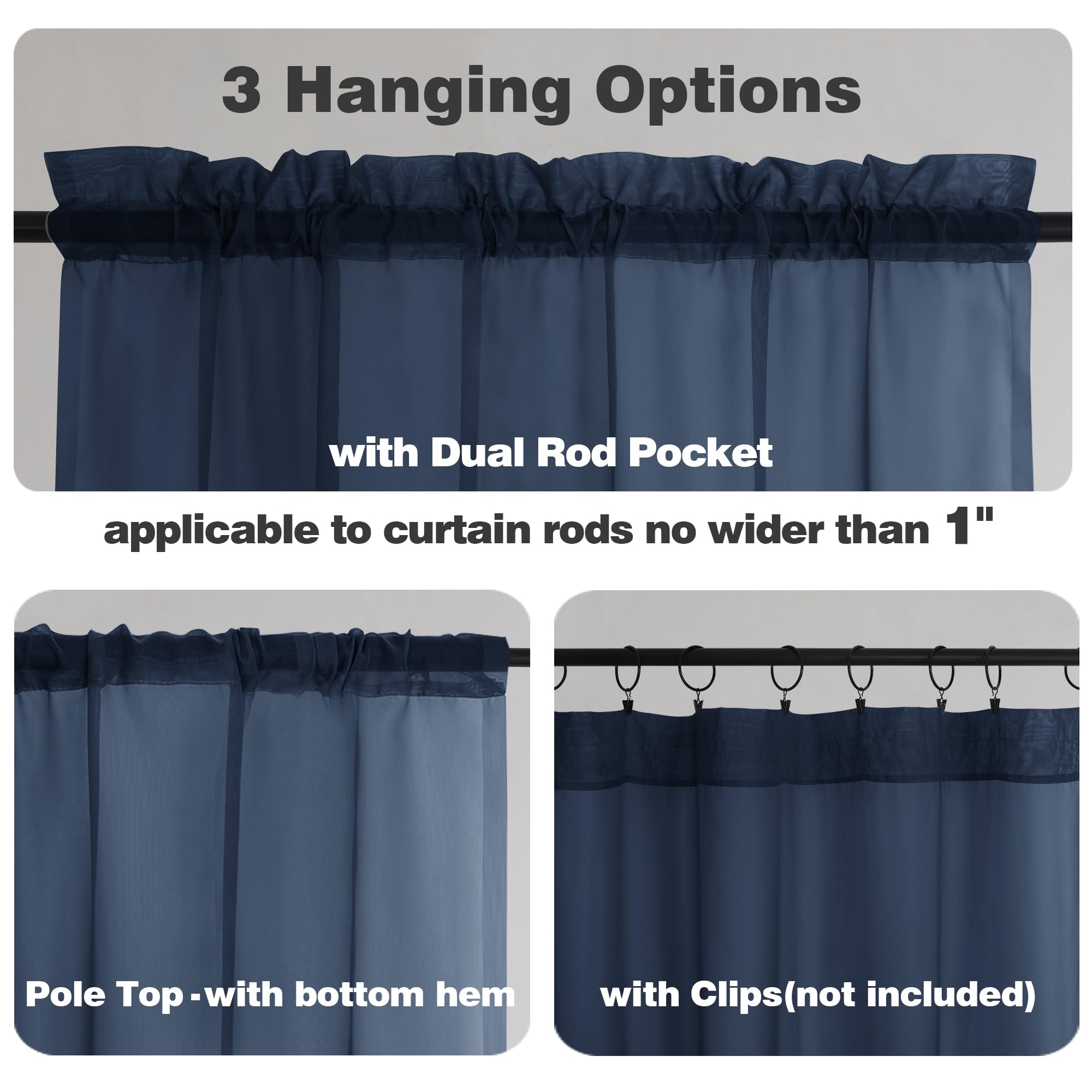 Lot De 2 Rideaux Courts Noirs Pour Fenêtre De Salle De Bain, 91,4 Cm De