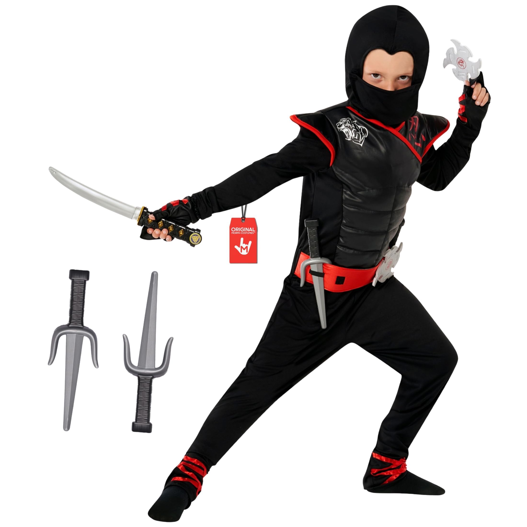Morph Costume Ninja Bambino, Costume Halloween Bambino | Tuta con Muscoli, Maschera, Guanti, Stelle & Daghe, Cintura Integrata, Perfetto per Halloween, Ideale per il Gioco di Ruolo