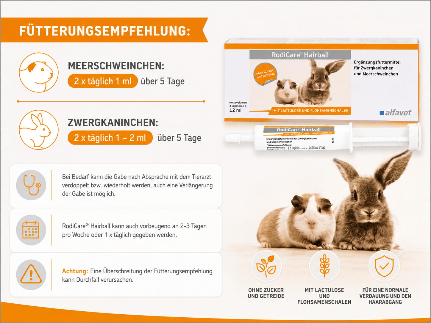 Alfavet RodiCare Hairball | 3er Pack | 3 × 3 × 12 ml | Ergänzungsfuttermittel für Nager | Mit Flohsamenschalen