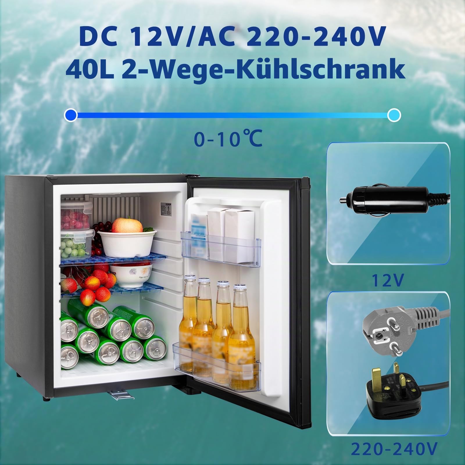 Smad Kühlschrank 12v 230v, 40L, Camping Kühlschrank 12v 230v, Wohnmobil Kühlschrank, Leiser Camper Kühlschrank 12v, für Auto, Wohnwagen, Büro, Absorber Kühlschrank mit Schloss, Wendetür, Schwarz