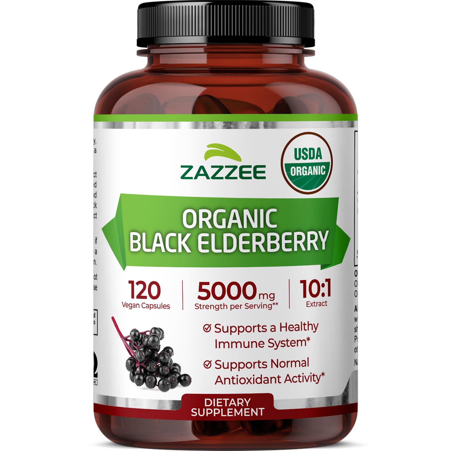 Zazzee USDA Organic Black Elderberry 10:1 Extract, 5000 mg Strength, 120 Vegan Capsules, 2 Month Supply, Standardized, Concentrated 10X Extract, 100% Vegetarian, All-Natural, Non-GMO, Made in The USA