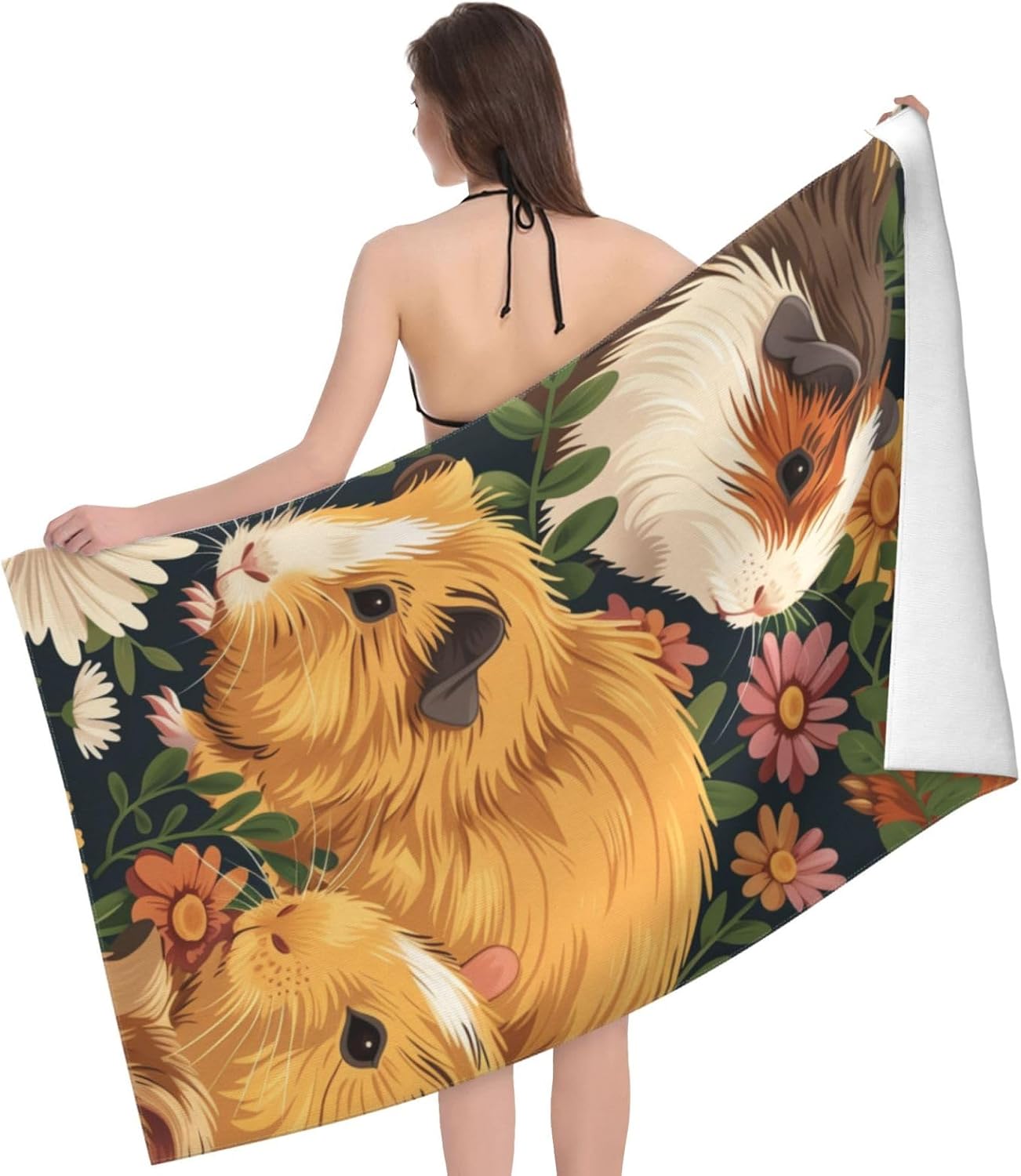 Microfiber Beach Towel, Floral Guinea Pig Beach Towels 32x52in,Quick Dry, Sand Free, Ultra Soft & Oversized Towel for Travel, Outdoor, Bathroom, Swimming - Ideal for Pool, Camping, Yoga, or Gift Decor