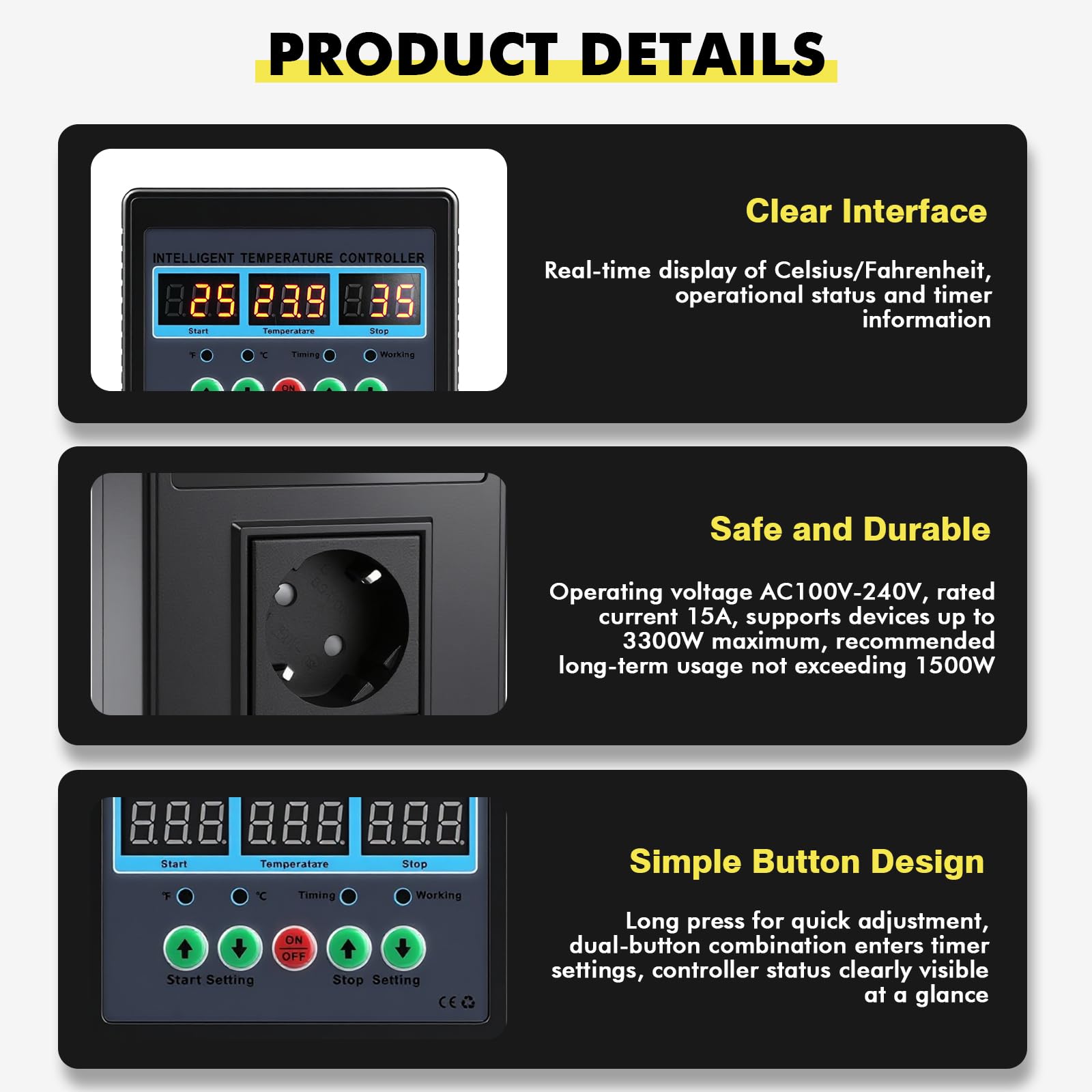 Enchufe termostato Digital 230V regulador de Temperatura 15A 1500W Enchufe termostato con sonda Modos de calefacción y refrigeración Temperature Controller pour Serre Aquarium Reptile