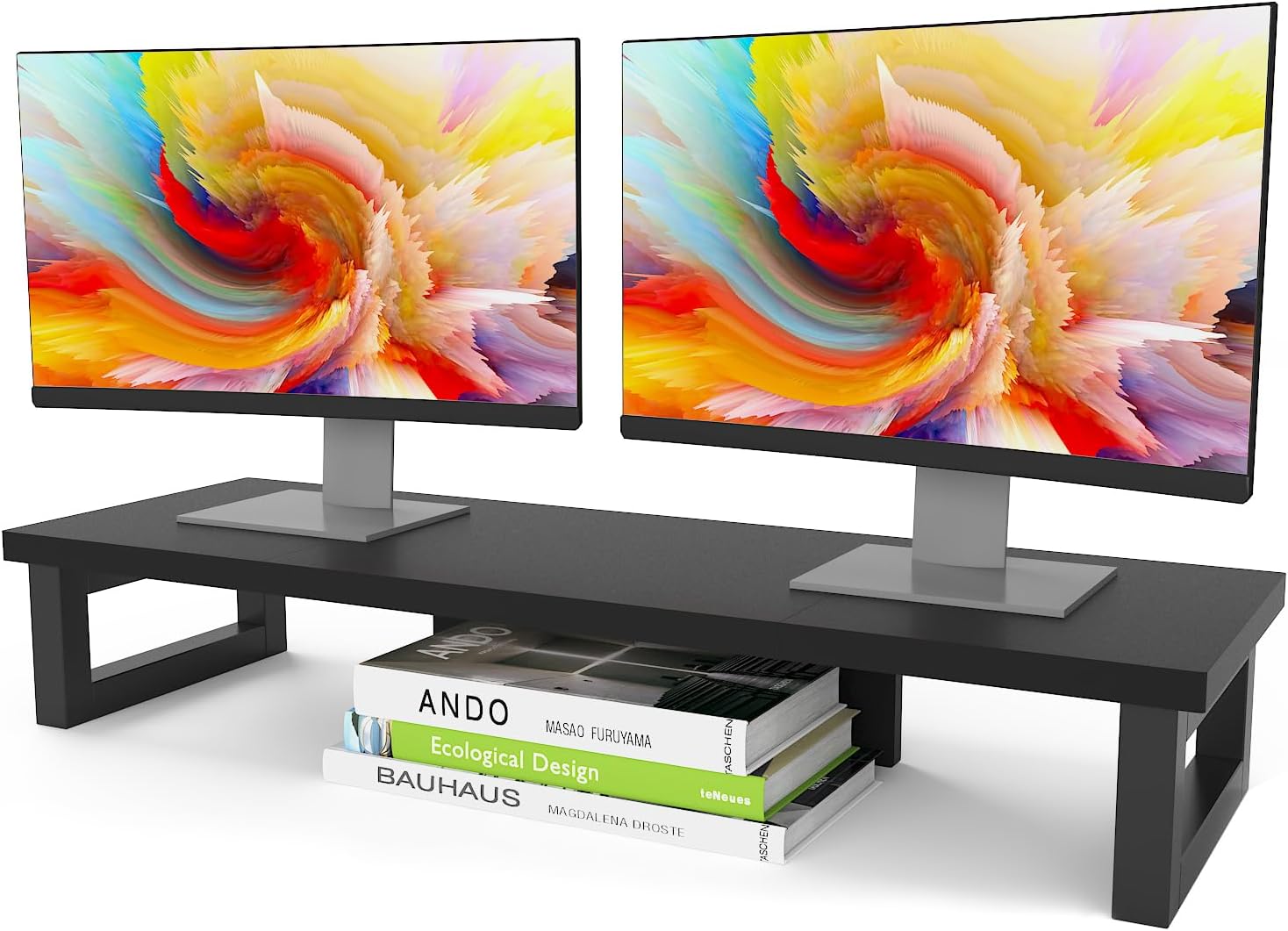 Dual Monitor Stand Riser, Wood and Steel Monitor Stand Riser, Computer Monitor Stand for 2 Monitors, Multi-Purpose Desktop Storage Stand for Computer,Laptop,Printer,TV