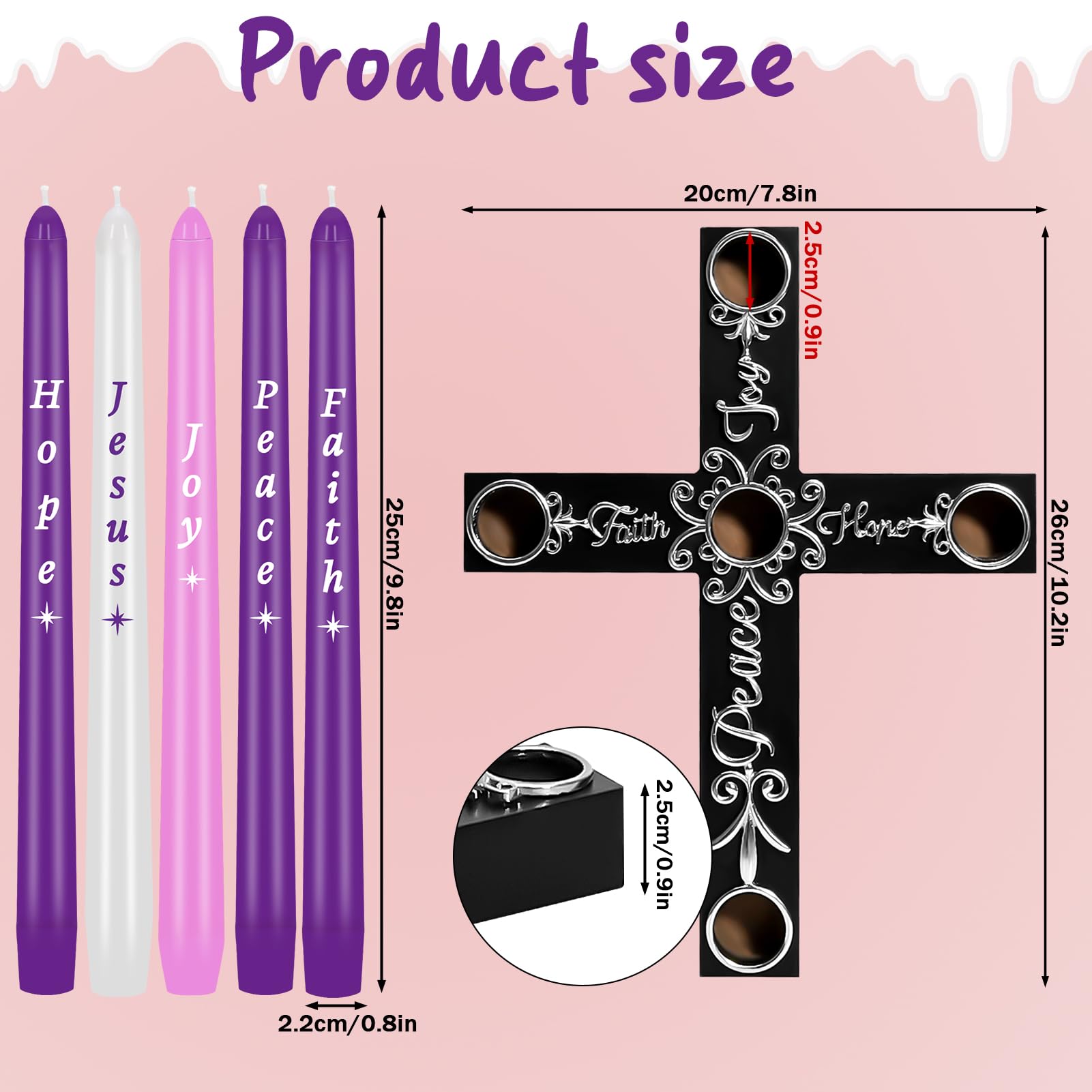 Set di 5 candele natalizie per l'avvento e per presepe, candele colorate con croce in legno e nodo celtico, regalo di Natale religioso per casa, chiesa, caminetto, centrotavola