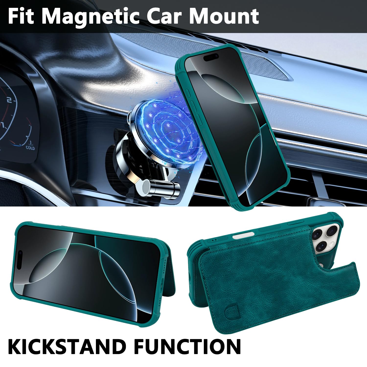 VANAVAGY Compatible for iPhone 16 Pro Max Wallet Casewith Credit Card Holder,Rfid Leather Flip Folio Cover Fit Magnetic Car Mount & Stand with Screen Camera Protector,Midnight Green - Image 4