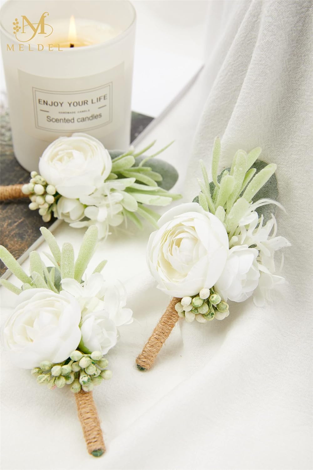 Meldel Ivory & Greenery Homecoming Boutonniere, White Boutonniere for Men Wedding, Set of 6, Groom Groomsmen Man Boutonniere for Wedding Ceremony Anniversary, Party Fall Vintage Wedding Prom - Image 3