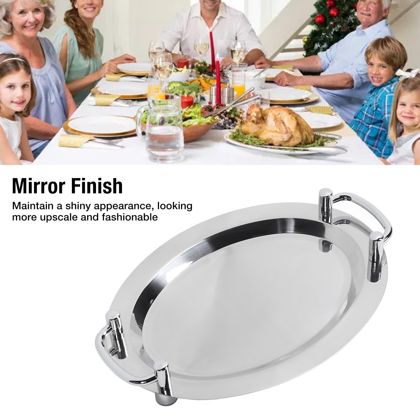 Cocoarm Plato para Buffet de Acero Inoxidable, Plato para Servir con Acabado de Espejo 304 con Asa, Fácil de Transportar y Limpiar, para Hotel, Restaurante, Banquete, Buffet, Postre, Servicio de