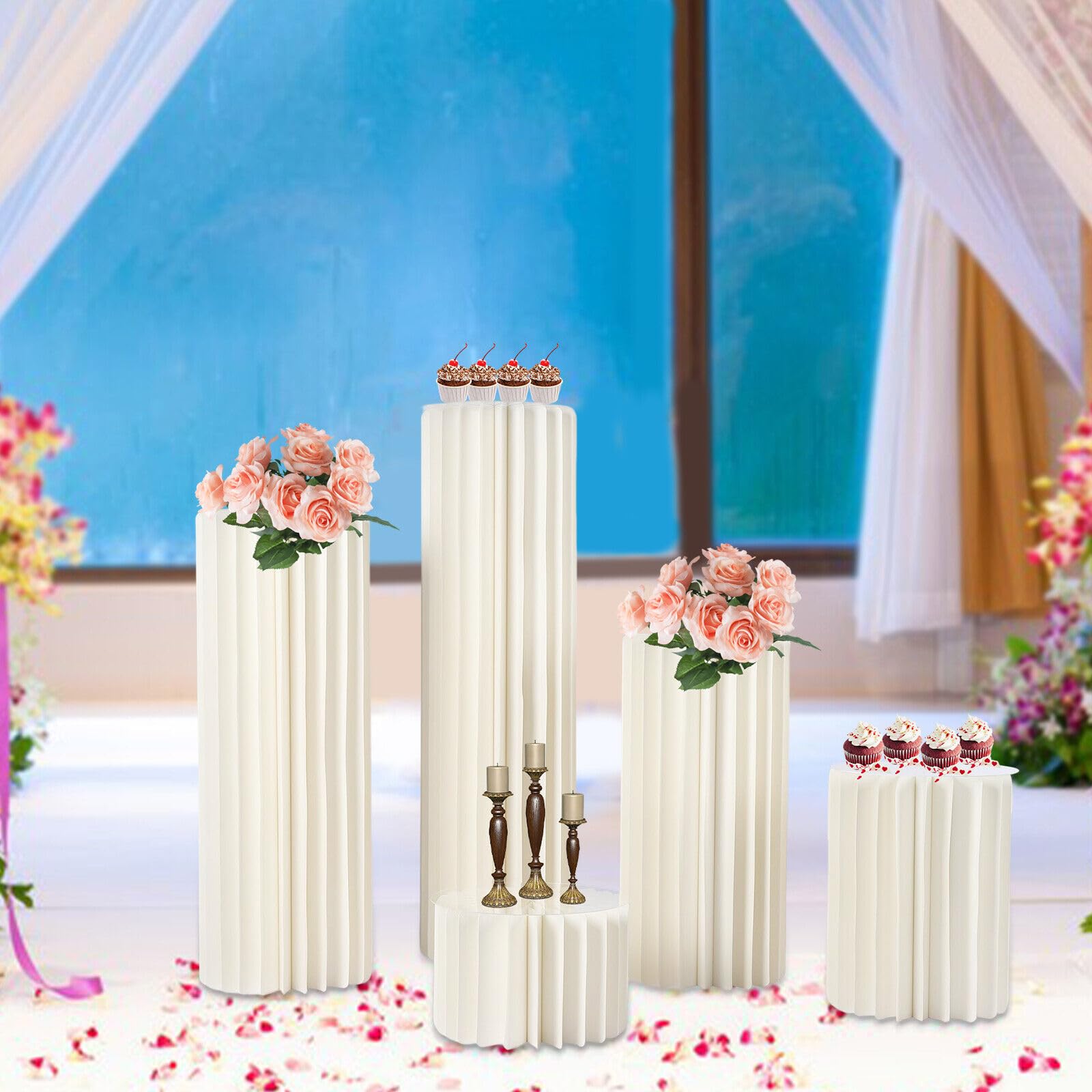 Pappe Hochzeit Blumenständer, 5 Größen Weiß Hochzeit Vasen Set Tragfähigkeit 50kg Jede und faltbar für Einweihungen Jahrestage Geburtstage Hochzeiten