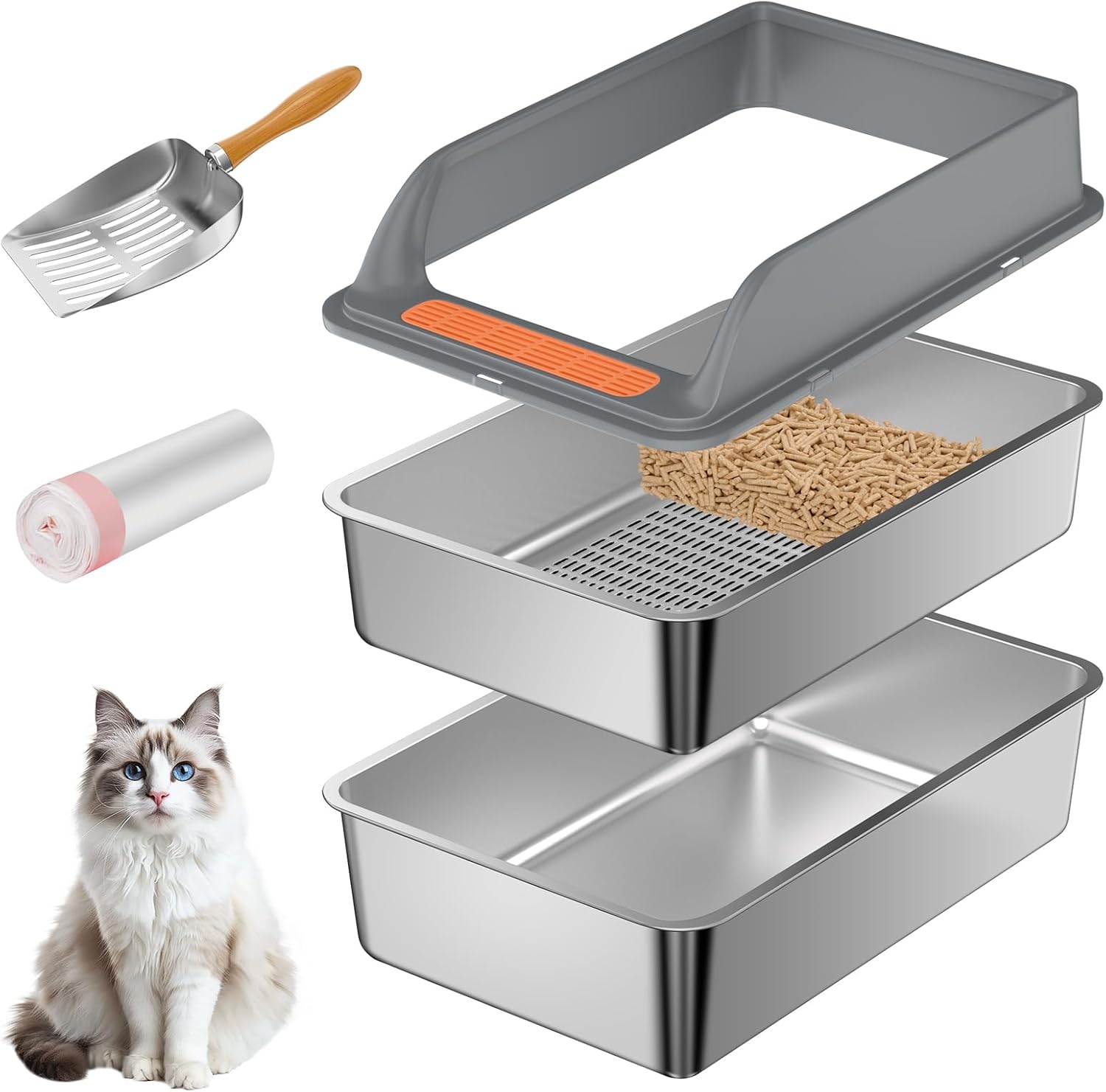 Stainless Steel Sifting Litter Box with Lid, Medium Sifting Cat Litter Box for Pine Pellets & Big Cats,Metal Pellet Sifter Litter Pan System for Odor Control,Sifting Box Liners & Scoop M:19.7''×13.8''×8''