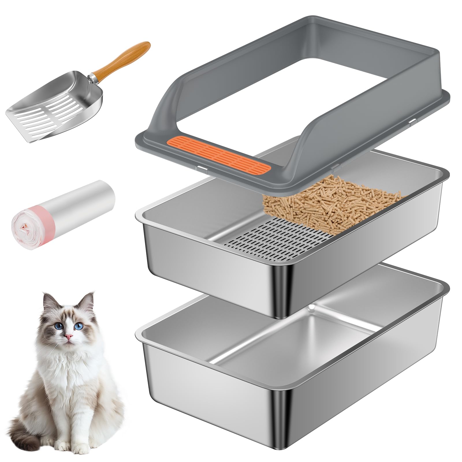 Stainless Steel Sifting Litter Box with Lid, Medium Sifting Cat Litter Box for Pine Pellets & Big Cats,Metal Pellet Sifter Litter Pan System for Odor Control,Sifting Box Liners & Scoop