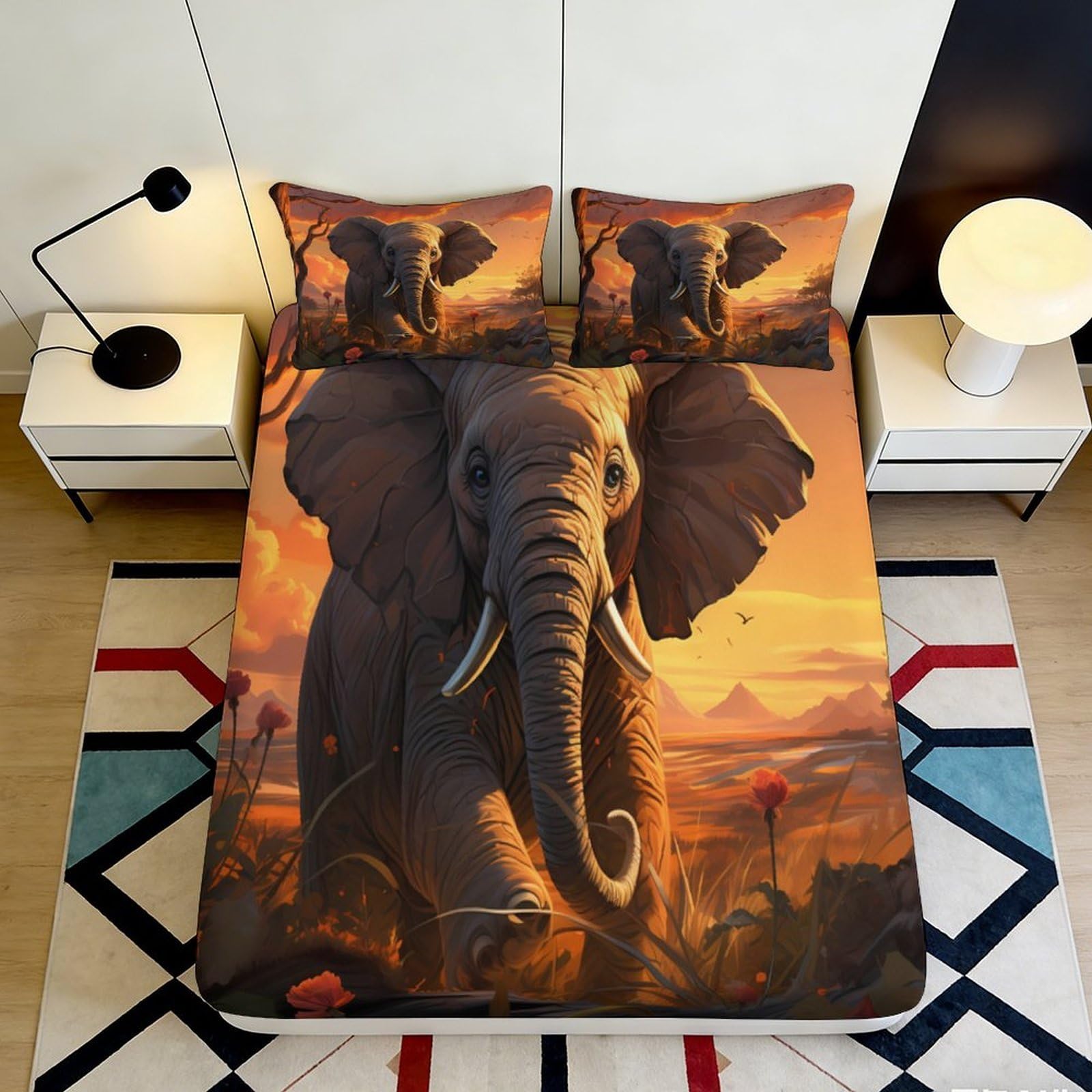 3D Printed Elephant 3D Fitted Sheet Microfiber Soft Durable Sunset Bed Cover for Bedroom Dormitory Guest Room Mattress Protection and Decoration 140x200x25cm