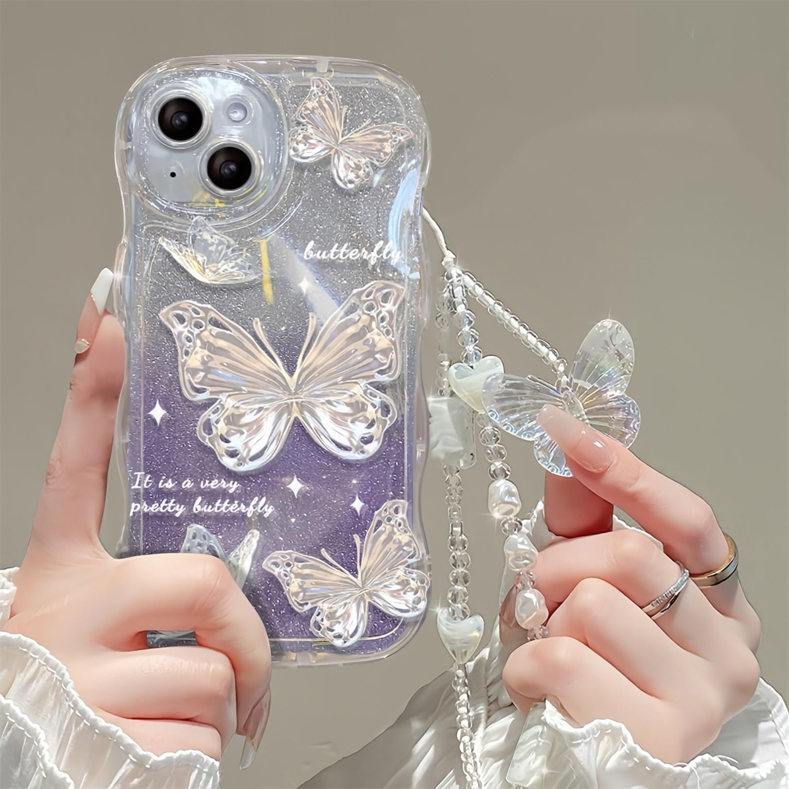 iPhone 8 Phone Case Pearl Bracelet Butterfly Flowers Aesthetic Protective Case for Women Girls Glitter Crystal Cute Case for iPhone 7 Purple