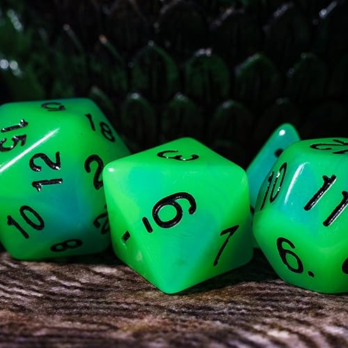 Miniatura 5 de Dados DND que brillan en la oscuridad, 7 piezas de troqueles poliédricos luminosos con bolsa de troquel de cuero, dados D&D brillantes para