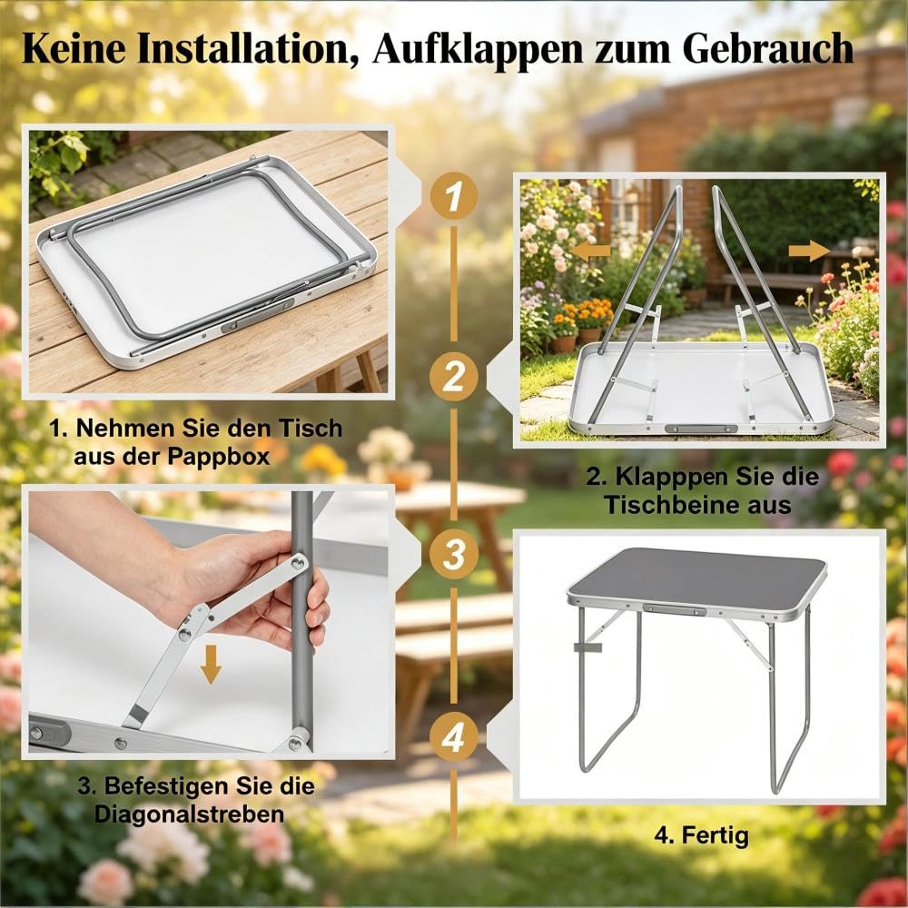 Klapptisch Campingtisch Picknicktisch, klappbare Eisenbeine, Tragegriff & rostfeste Aluminium-Schutzkanten (Grey)