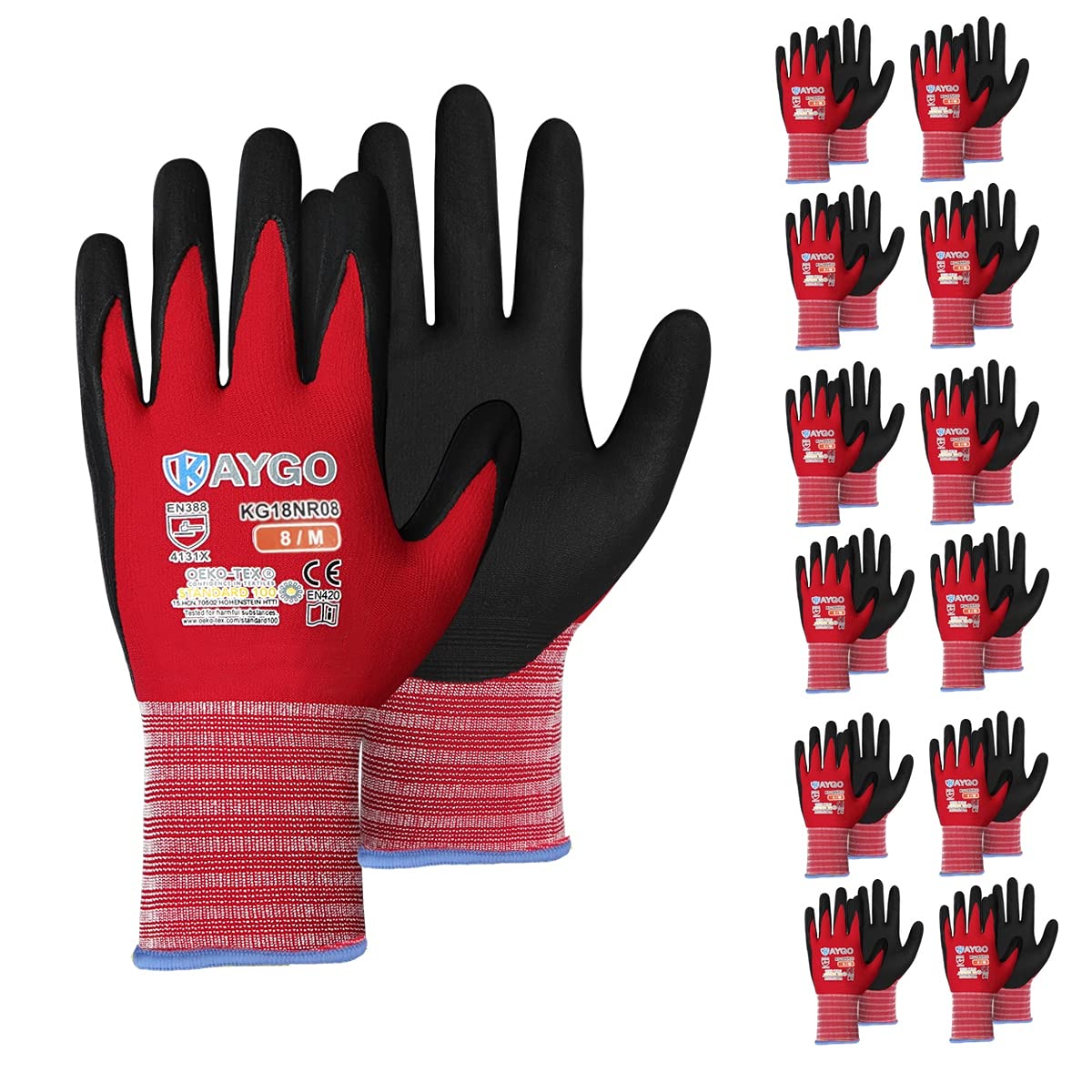 KAYGO Safety Work Gloves MicroFoam Nitrile Coated, 12 Pairs KG18NB,Seamless Knit Nylon Glove for Men and Women, Ideal for Automotive,Warehouse,