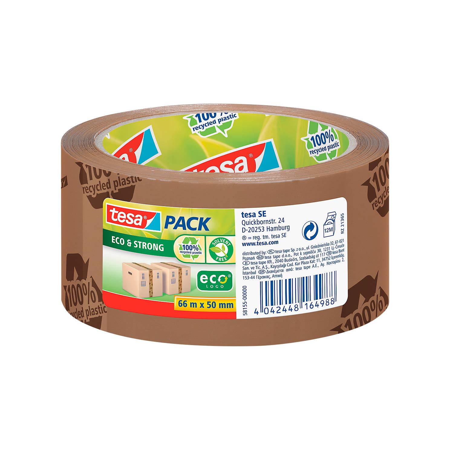 Tesa EcoLogo 58155 - Nastro in polipropilene stampato, 50 mm x 66 m, colore: Marrone
