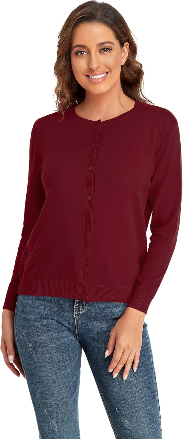 CUNYI Women's Crew Neck Cardigan Long Sleeve Sweater for Women Button Down Soft Knit Ladies Cardigan Sweates Coat, Wine Red S - Image 3